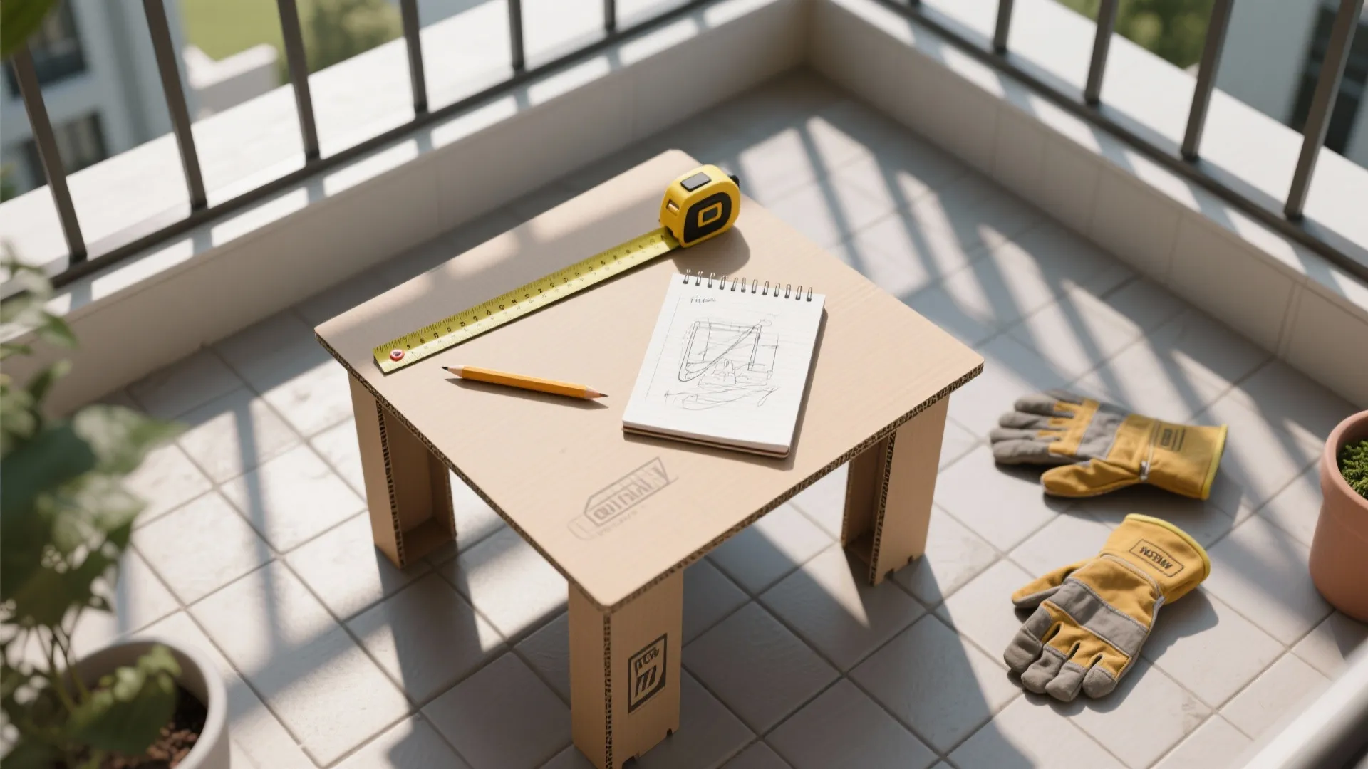Top-down mockup of a cardboard full-size table template with tape measure, pencil, gloves and notes for planning a patio build.