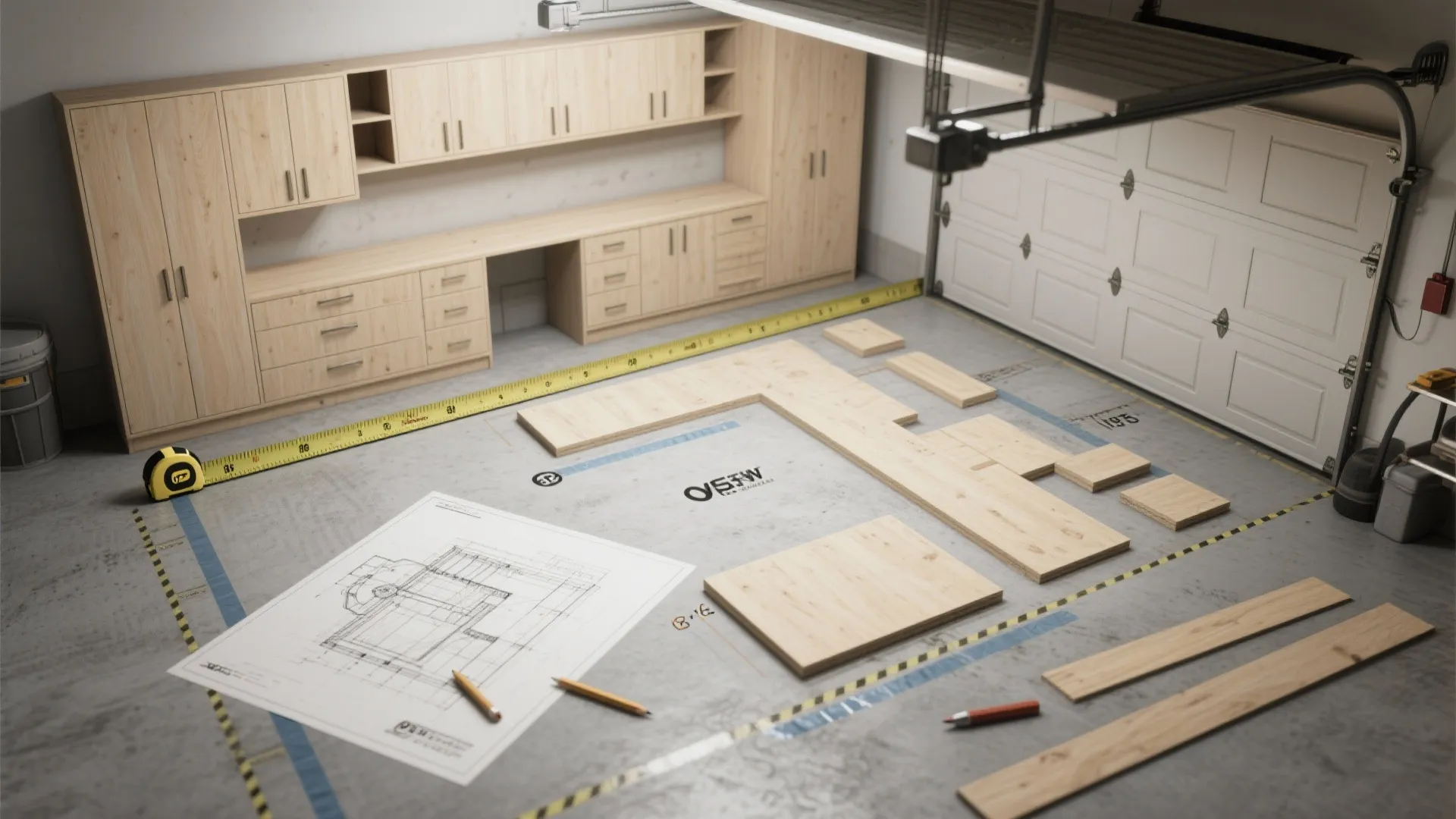 Interior design drawing on garage floor with wood panels tape measure and wooden storage cabinets