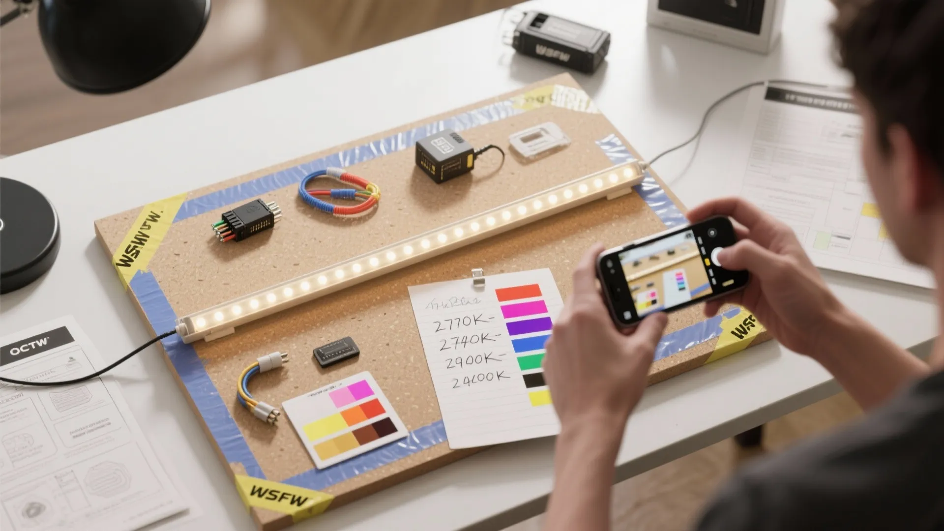 Person taking photo of a light strip and color charts on desk with a smartphone