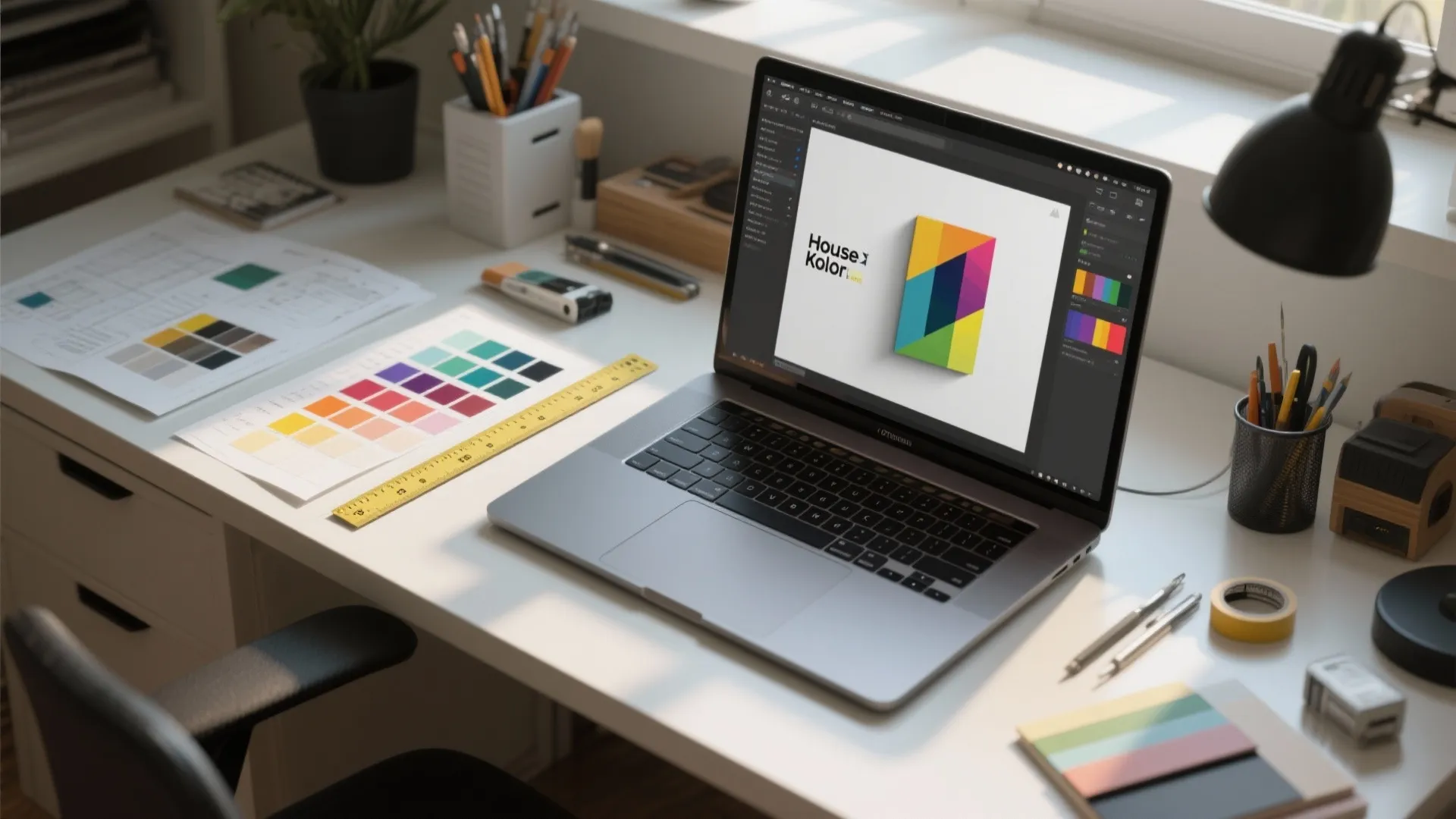 Designer workspace top-down showing a 3D mockup on a laptop, printed color swatches, measuring tape and sample boards.