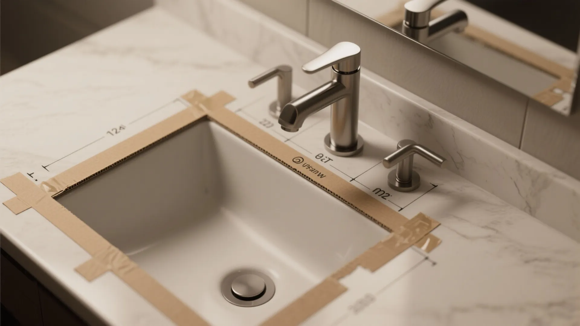 Top-down mockup of painter's tape and cardboard templates showing three-hole faucet placement on a vanity.
