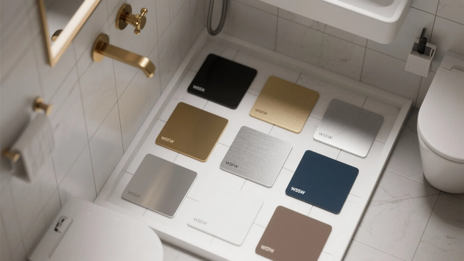 Top-down 3D mockup of a small bathroom layout with two-tone faucet finish samples and scale