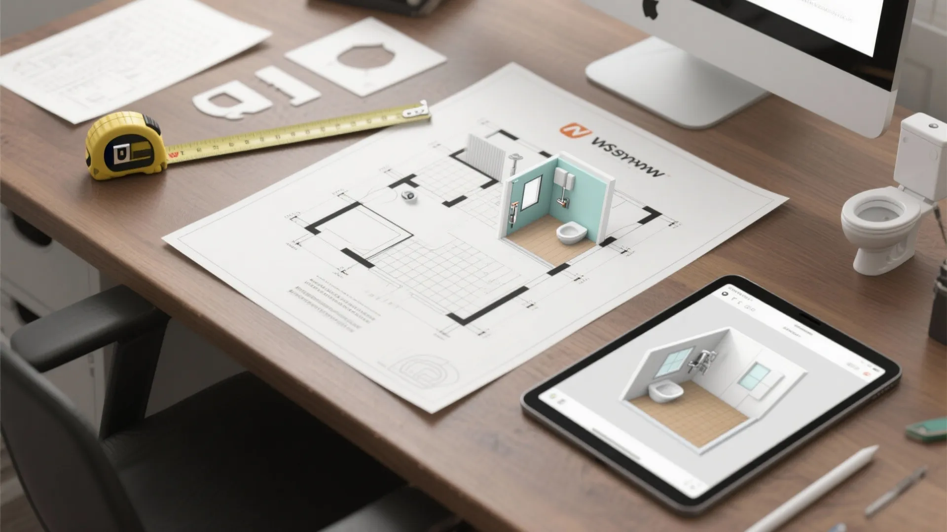 Top-down mockup with floor plan, fixture cutouts and a tablet 3D planner for sconce placement testing.