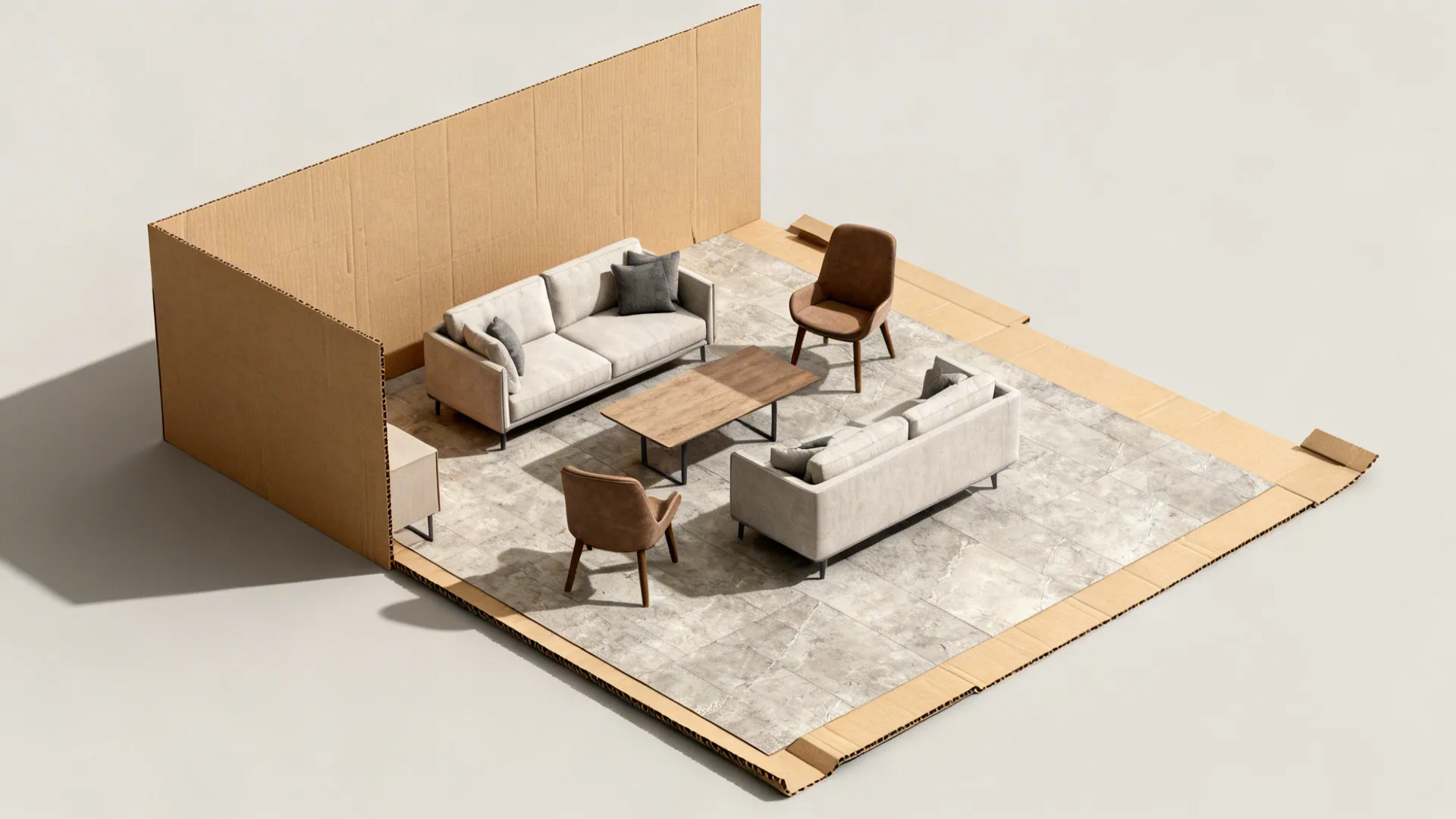 Cardboard room layout model showing two sofas, two chairs, coffee table, and grey floor tiles