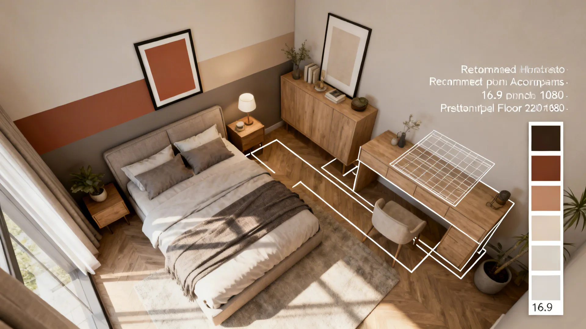 Top-down mockup showing two accent wall options with color swatches and layout lines