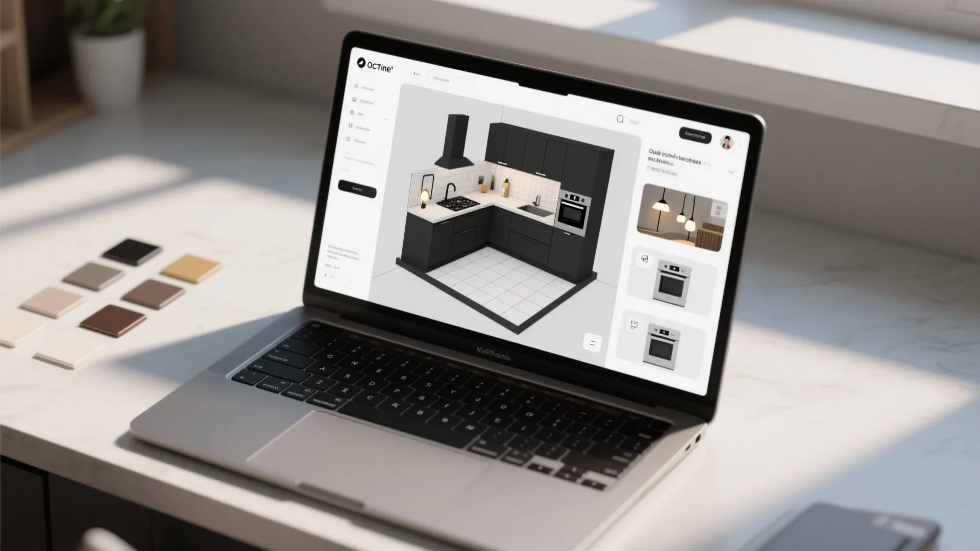 Laptop showing black kitchen cabinet design software with color samples on a white marble desk