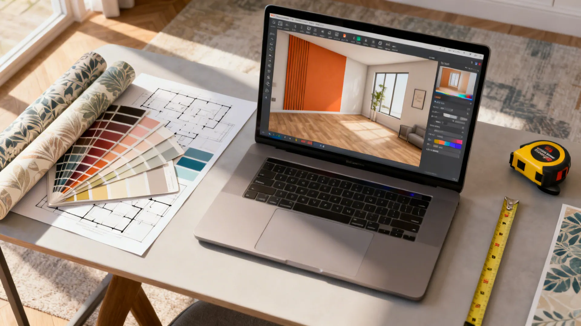 Top-down view of a room mockup workflow with laptop showing 3D floor planner and material samples