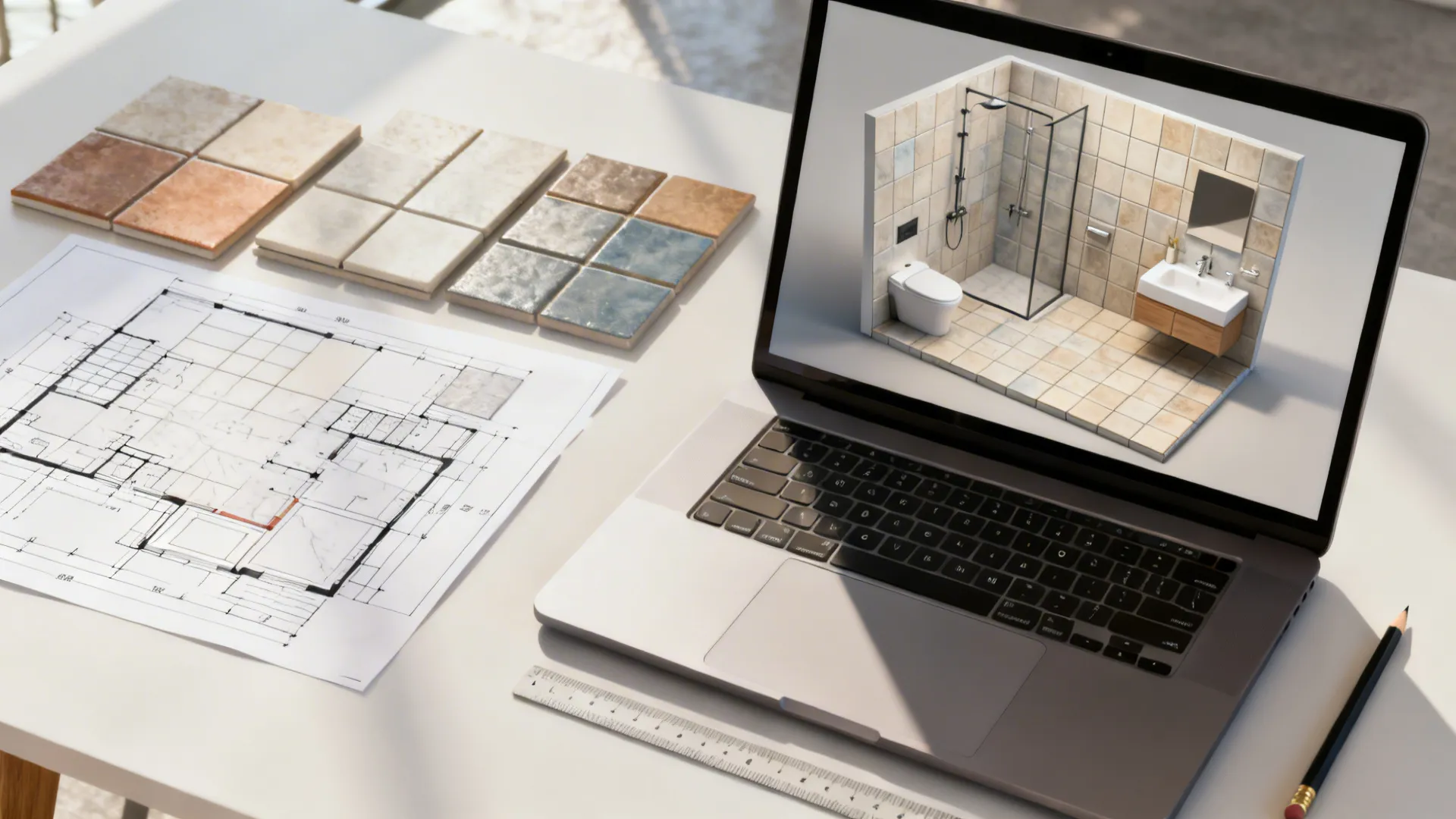 Top-down view of a laptop showing a 3D bathroom mockup with tile samples and floor plan.
