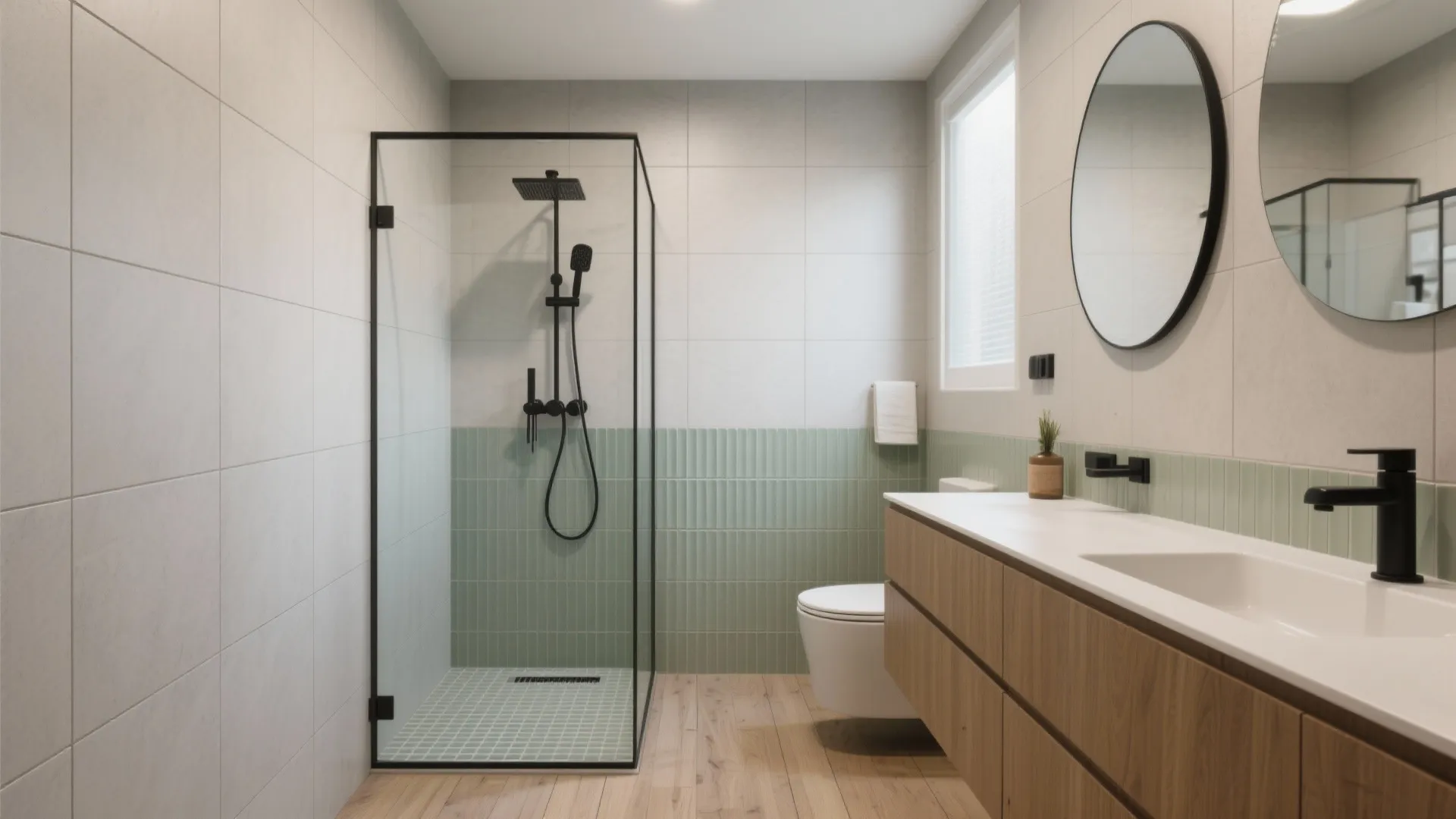 Modern bathroom with walk-in shower, wooden cabinet, round mirror, white sink, and green wall tiles