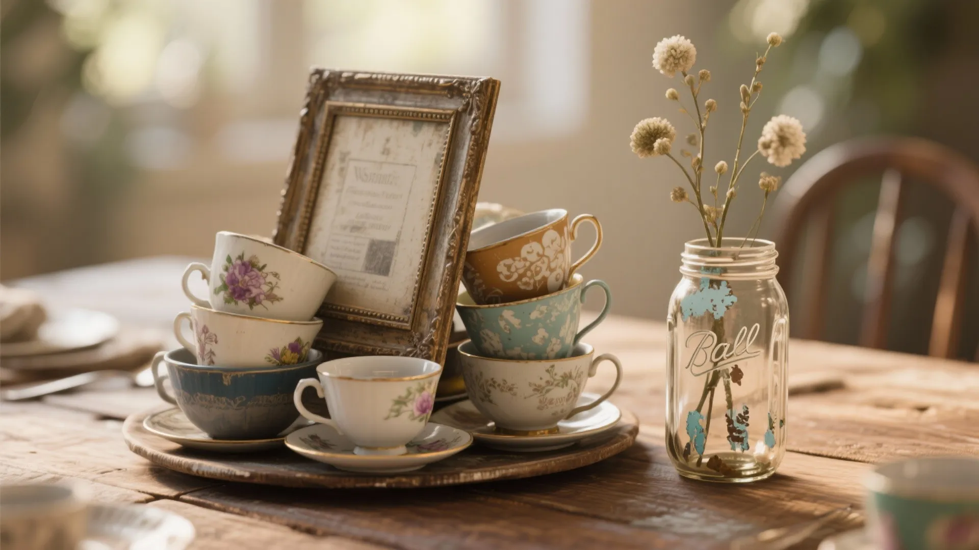 Vintage tea cups stacked on a tray next to a picture frame and glass vase