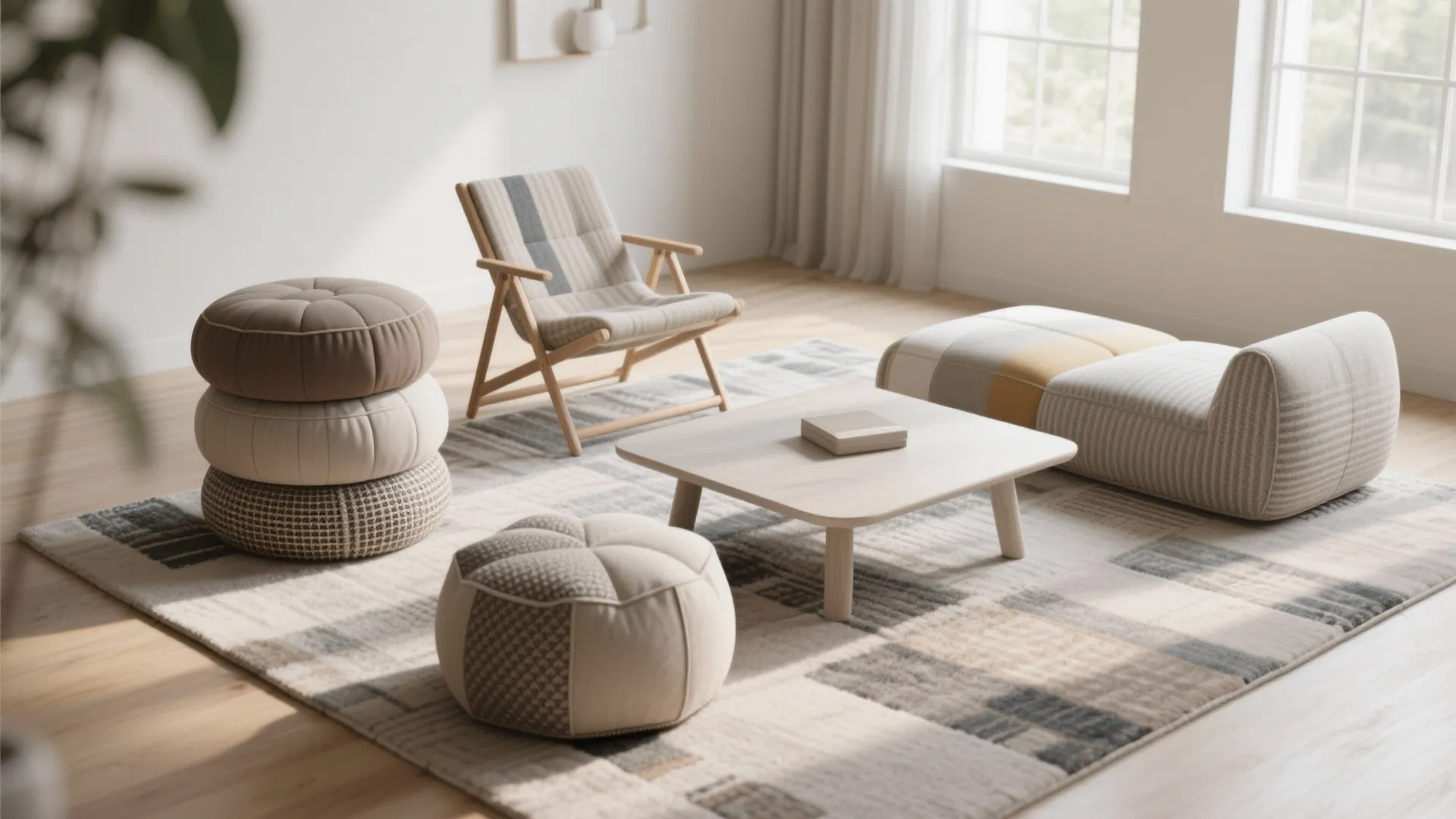 Modular floor loungers and stackable poufs on a large rug with a low table