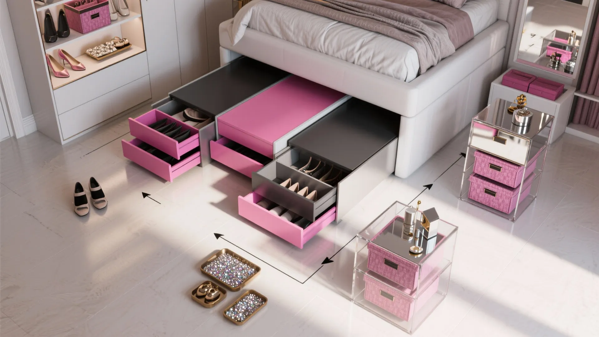Top-down layout of modular storage zones with under-bed drawers, clear boxes, and a mirrored cube.
