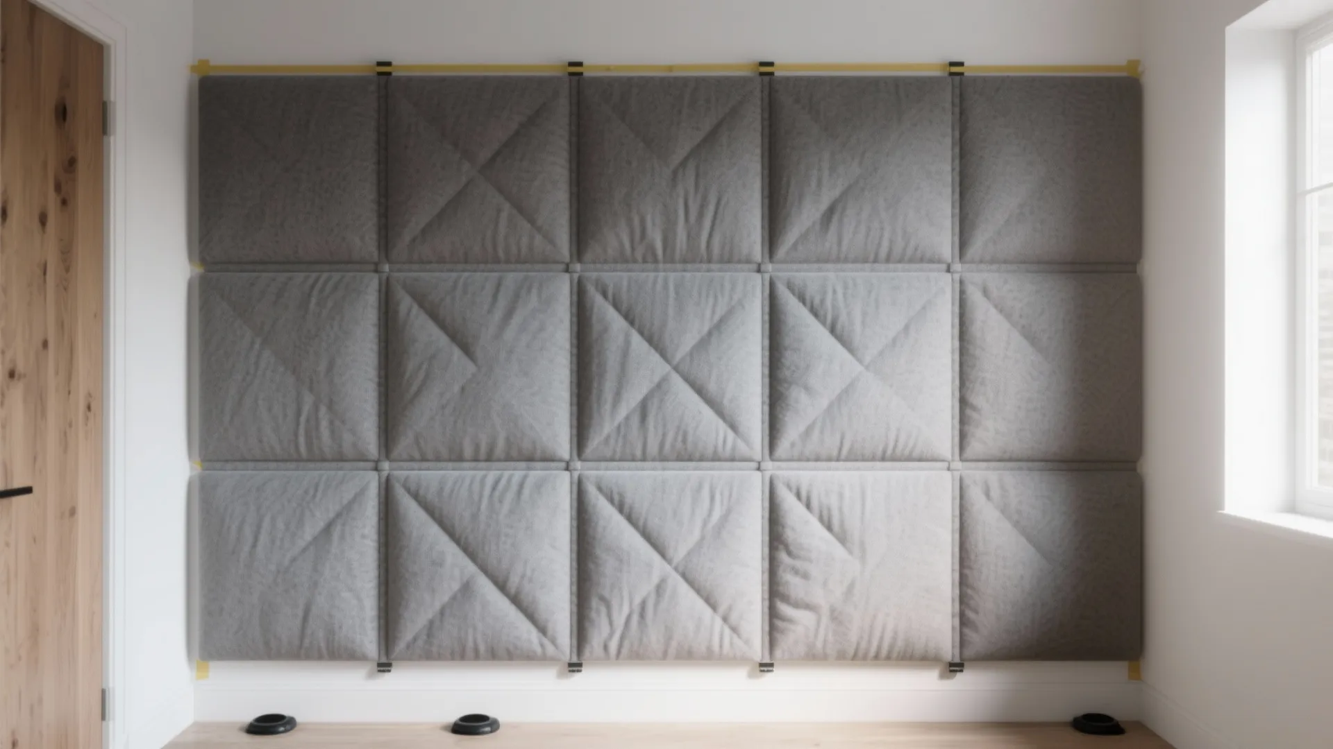 Grey square wall panel installed on a white wall in a room with light wood flooring