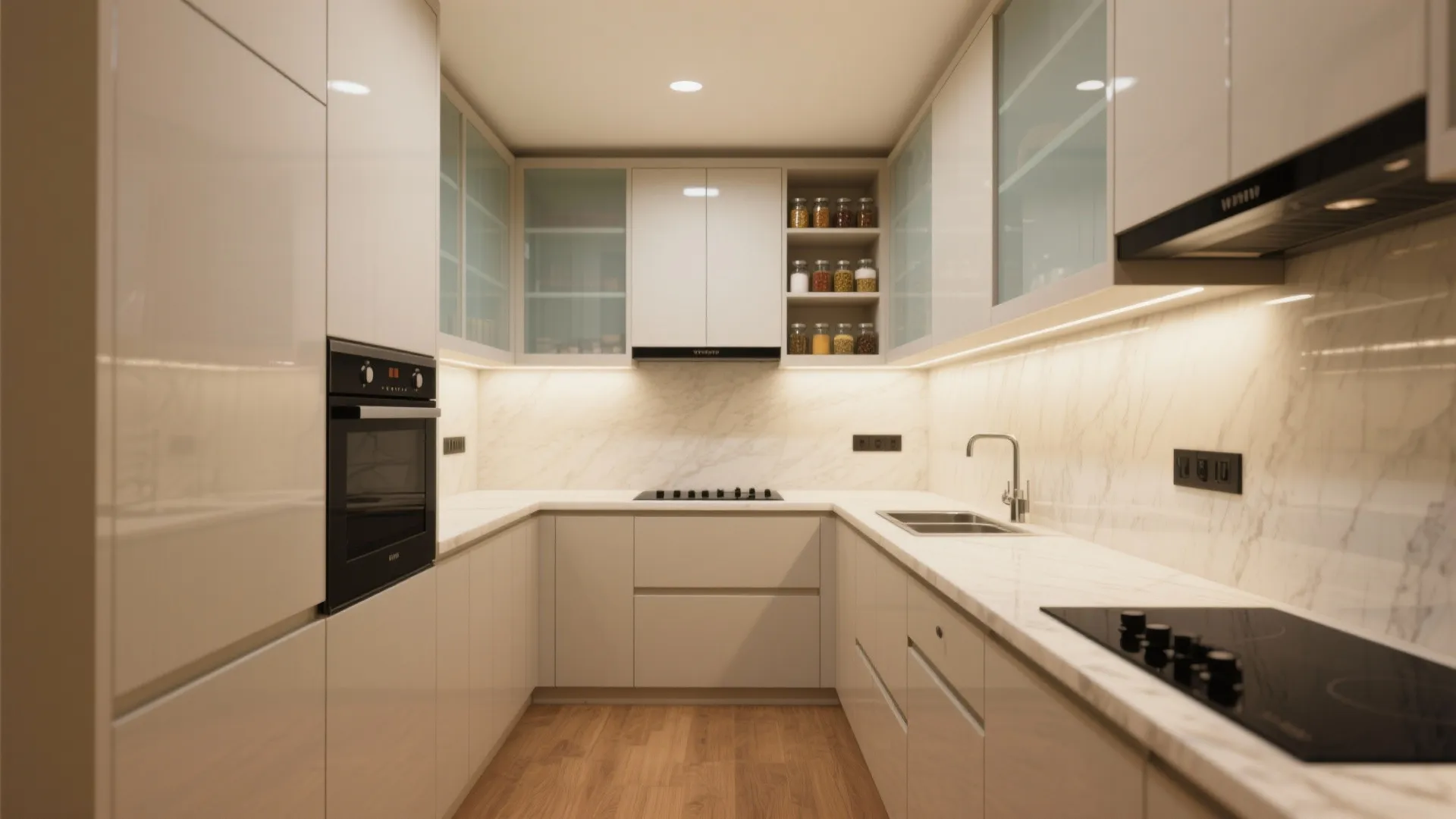 Modular kitchen with vertical storage and reflective finishes
