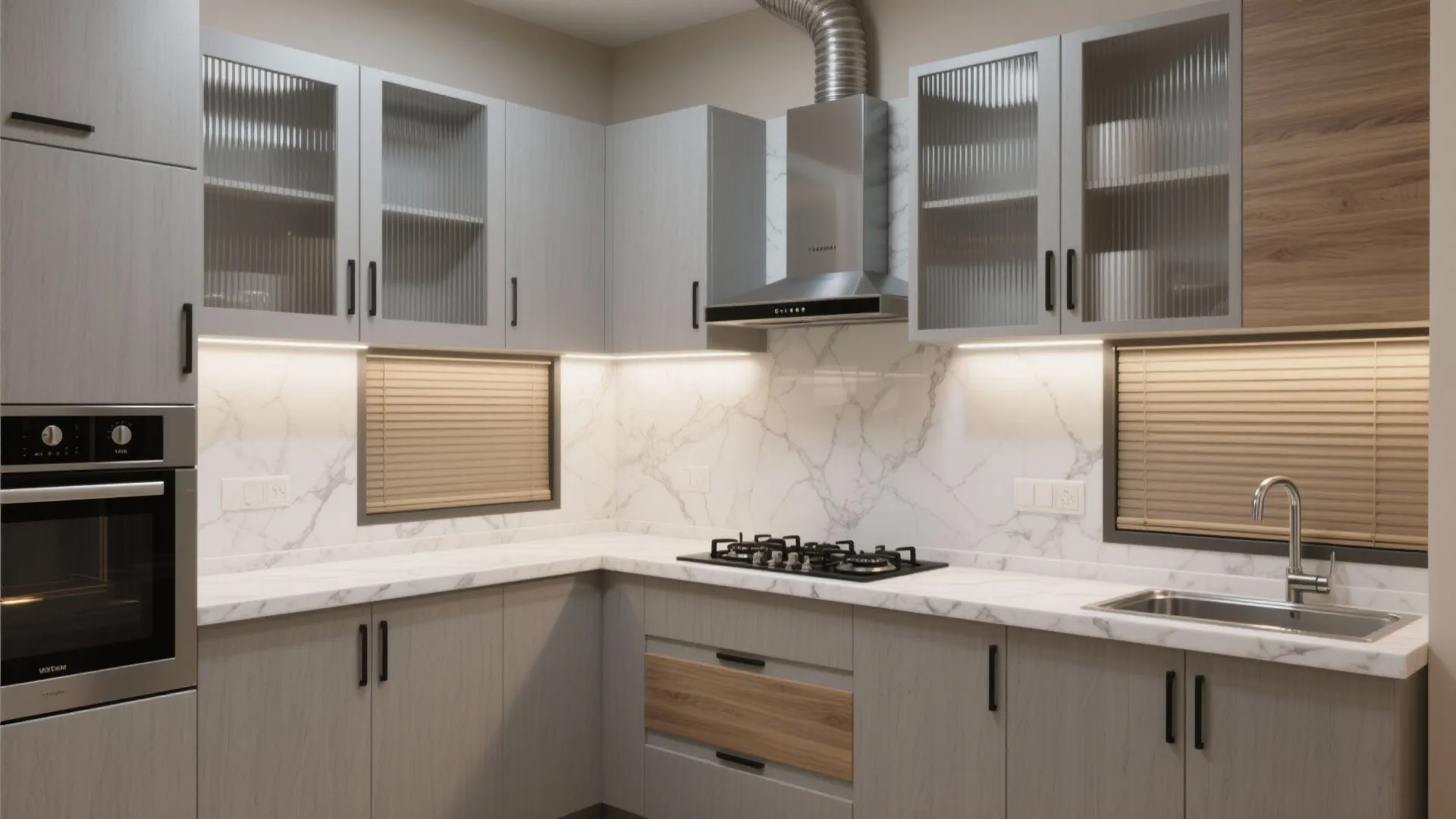 Modern kitchen with grey cabinets marble backsplash gas stove sink oven and glass wall cabinets