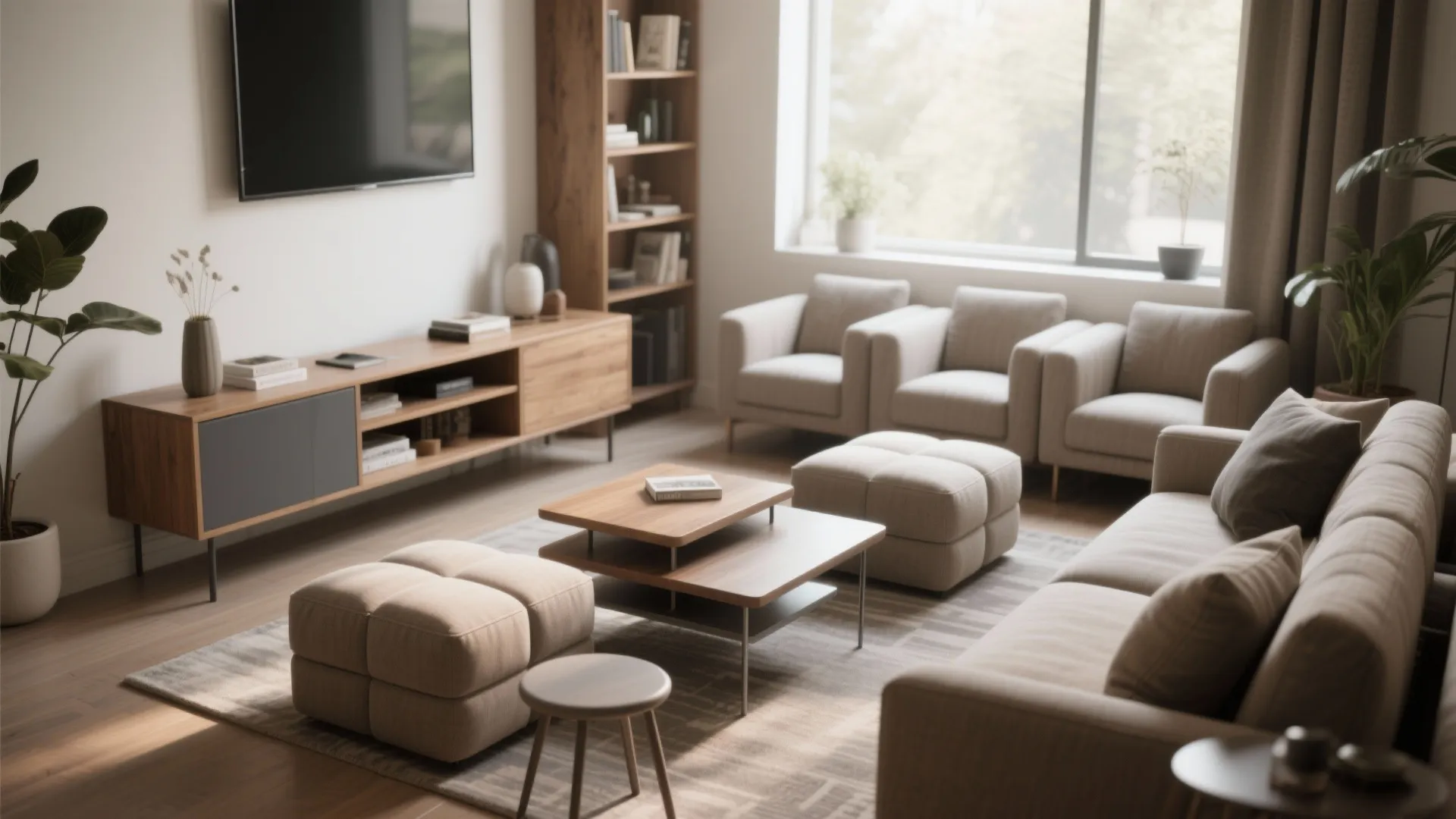 Two modular ottomans, a nesting table, and stools tucked under a console in a compact living room.