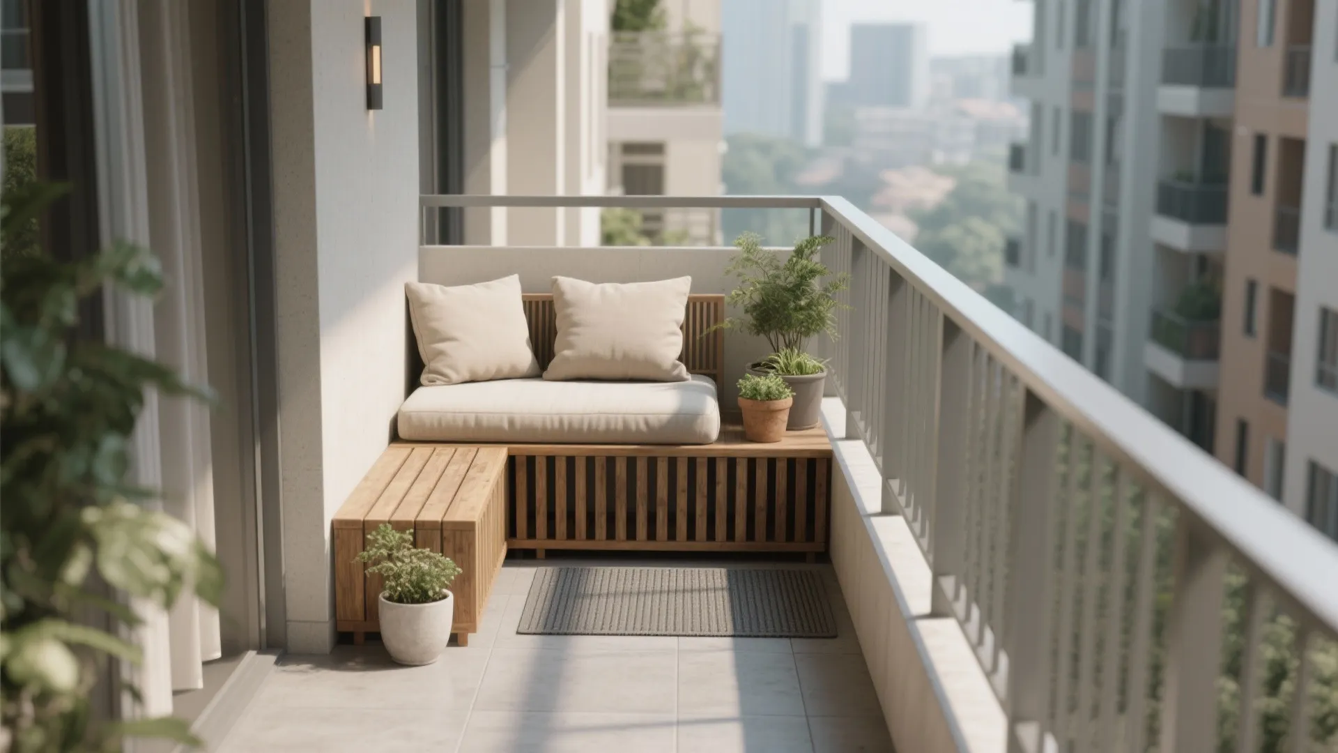 Narrow balcony with a low wooden storage bench, neutral cushion, and hidden storage for tools and textiles.