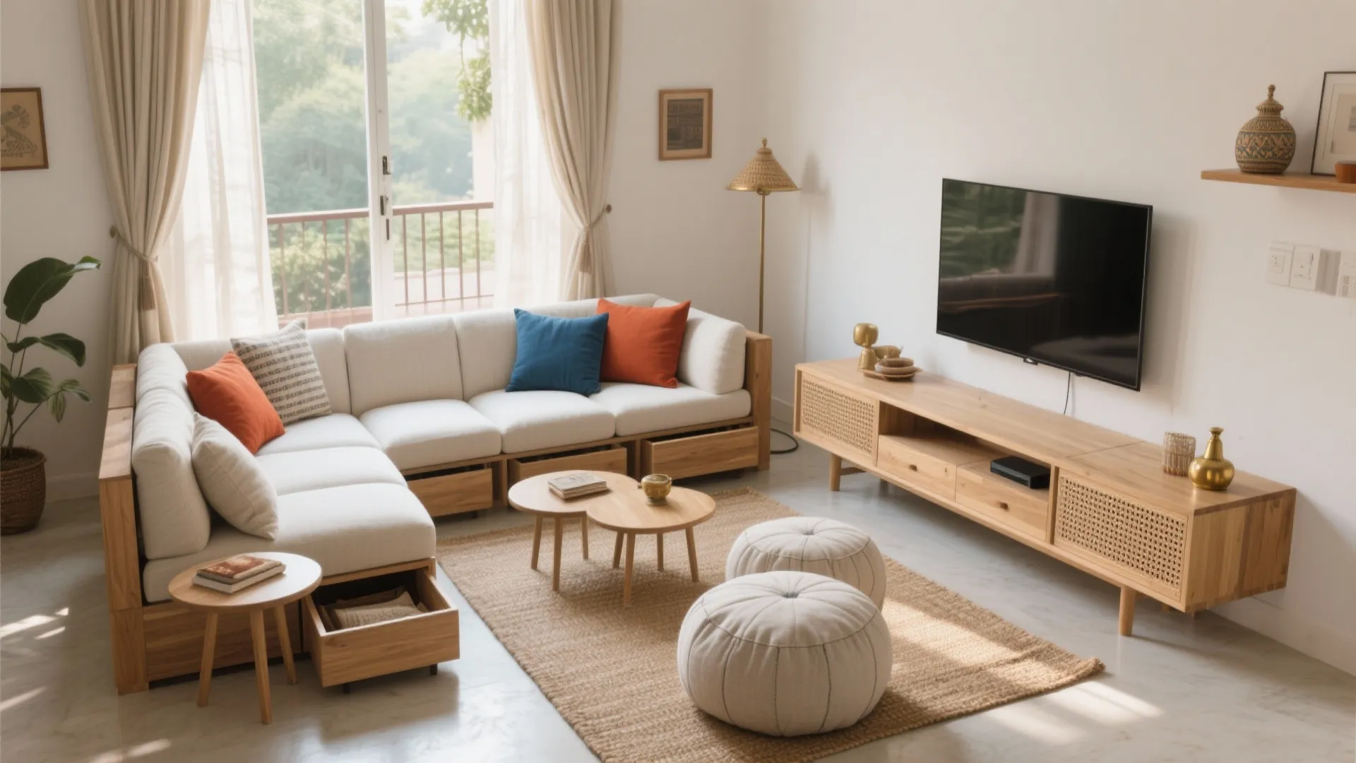 Modern living room featuring white sectional sofa wooden cabinet television two round footrests and natural light