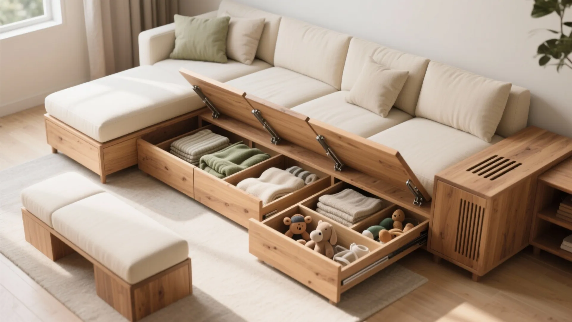 Modular wooden sofa with hidden storage base