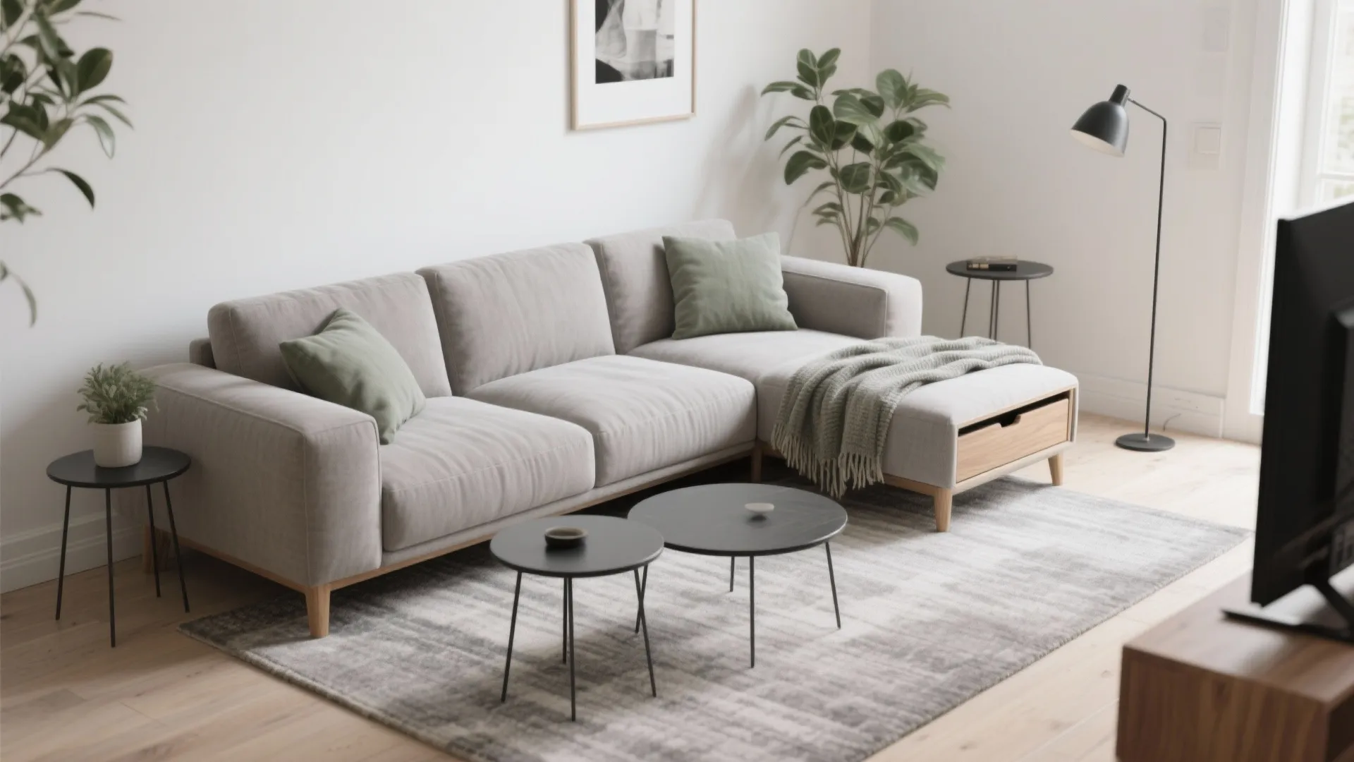 Large grey sofa with green pillows black coffee tables grey rug and a black floor light