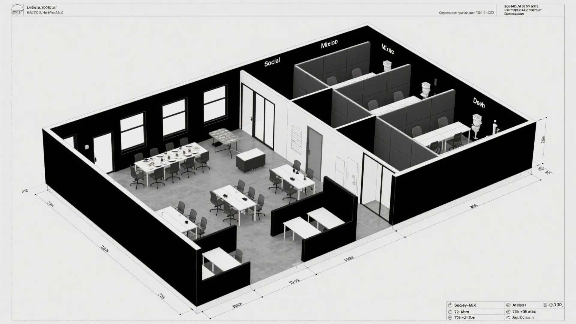 Interior design drawing of a modern office floor plan with meeting tables and black walls
