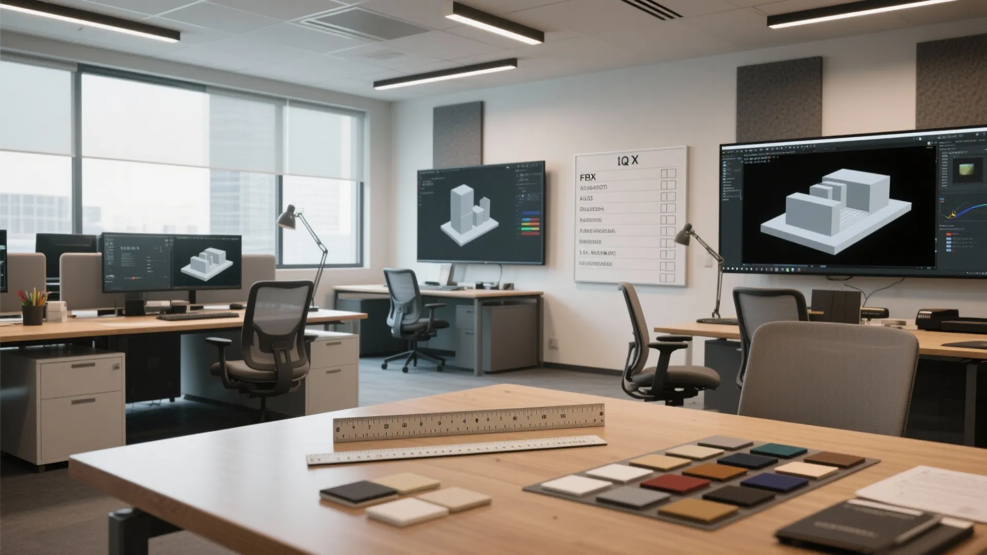 Modern office studio featuring computers displaying interior design drawings with desks, chairs, and color material samples