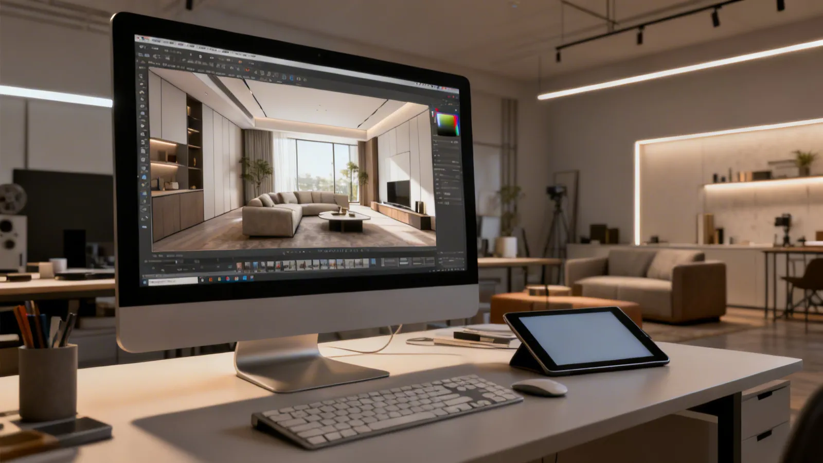 Pantalla de ordenador mostrando un modelo 3D de un salón moderno