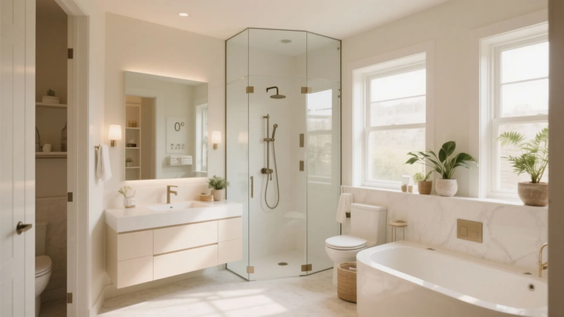 Bright modern bathroom layout with glass shower cabinet white bathtub and vanity with large mirror