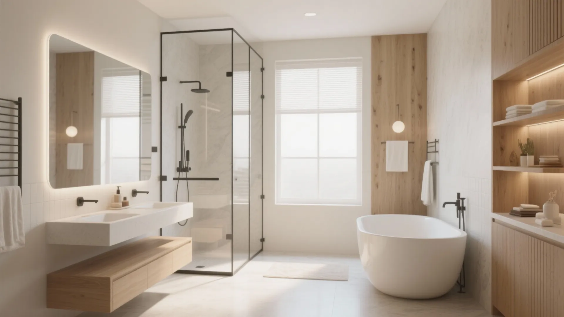 Spacious modern bathroom featuring glass shower bathtub wooden wall paneling large mirror and bright natural light