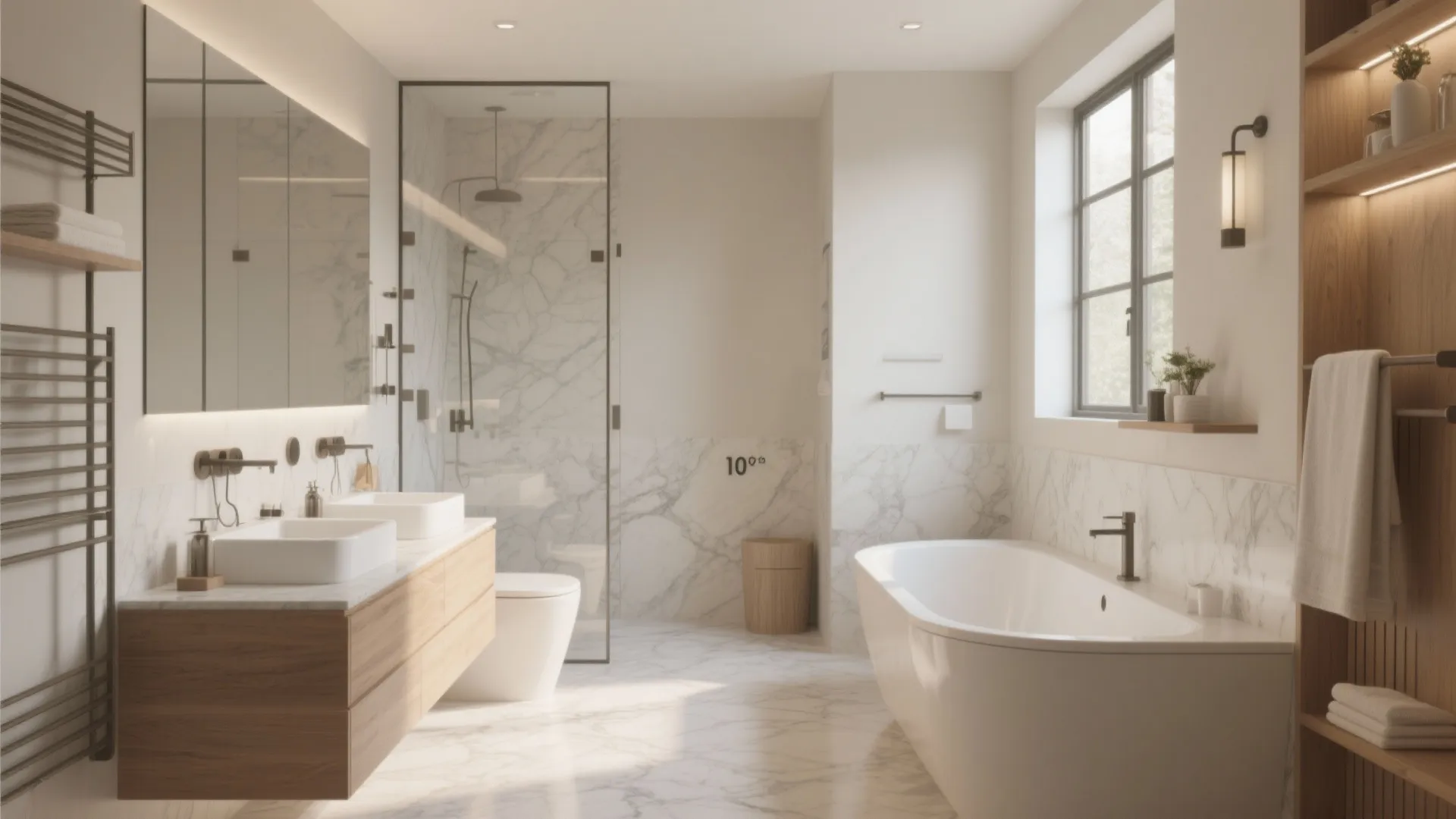 Modern bright bathroom with marble walls and white bathtub plus wooden cabinet and glass shower