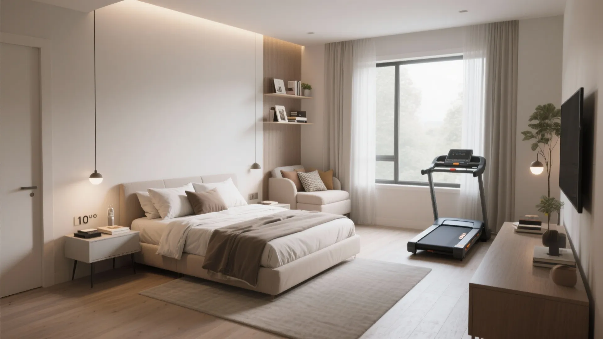 Modern bedroom with a large bed treadmill near the window armchair shelves and light wood flooring