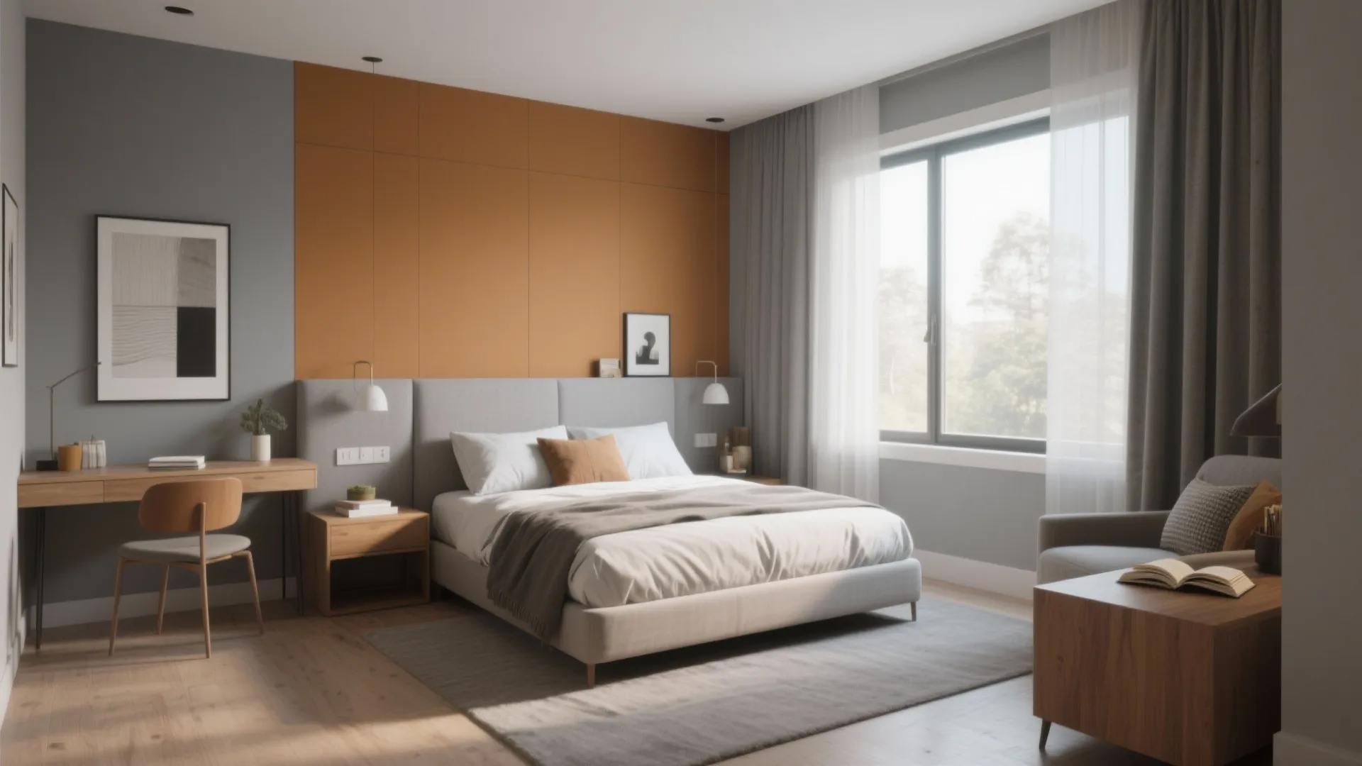 Modern bedroom featuring orange wall panel grey bed wooden desk large window and light wood flooring