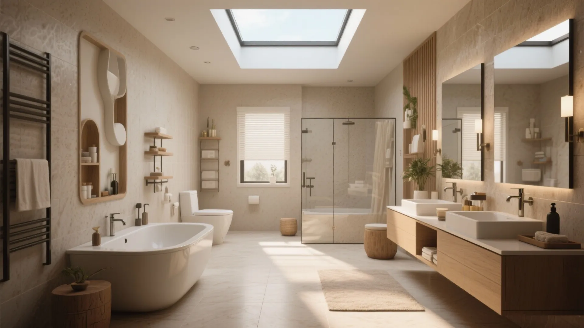 Large beige bathroom with bathtub double sink cabinet shower room toilet and natural roof window