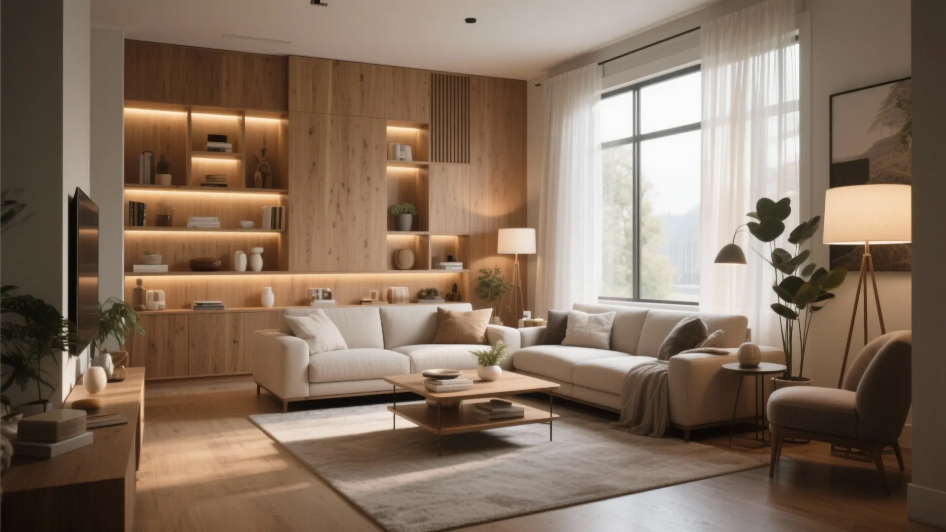 Modern living room with beige sofa wood wall cabinet coffee table floor light and large window