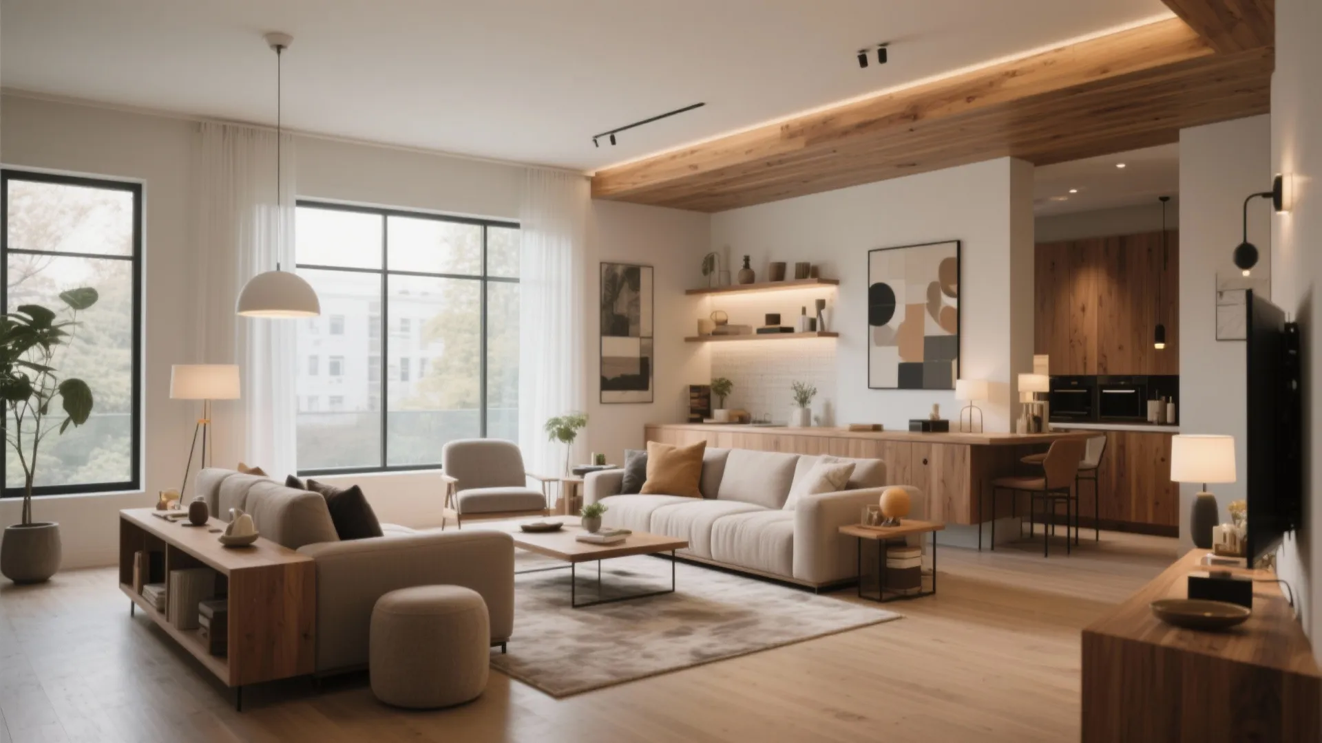 Modern open plan living room and kitchen with wood ceiling light fixtures sofa and footrest