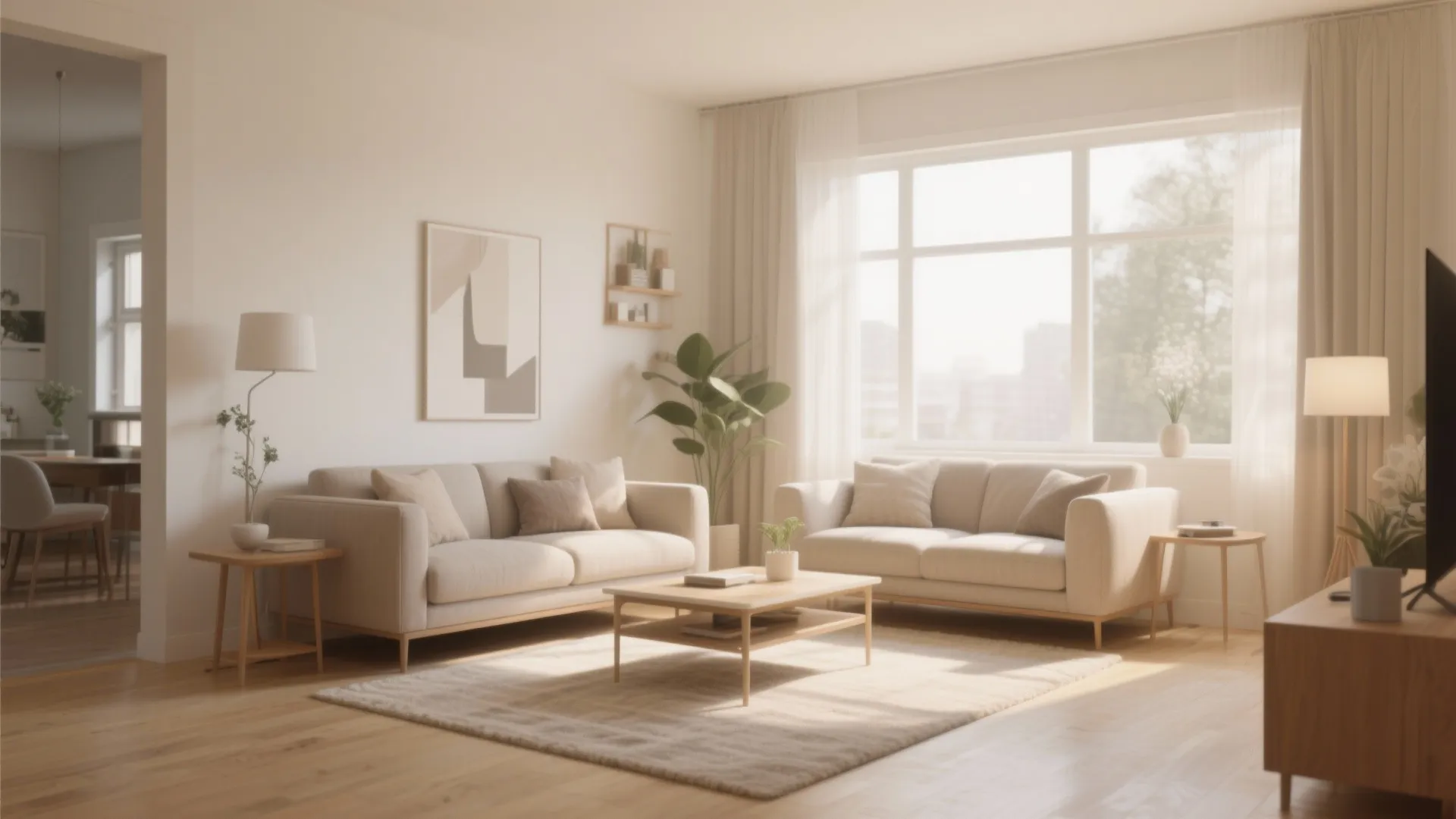 Bright living room with two cream sofas coffee table beige rug wall art and plants