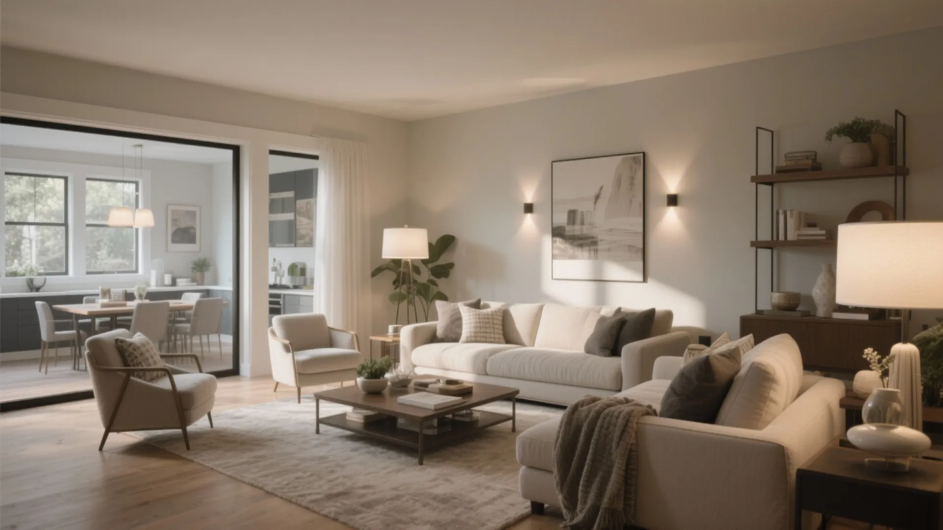 Modern living room with white sofas coffee table two armchairs wall lights and large windows