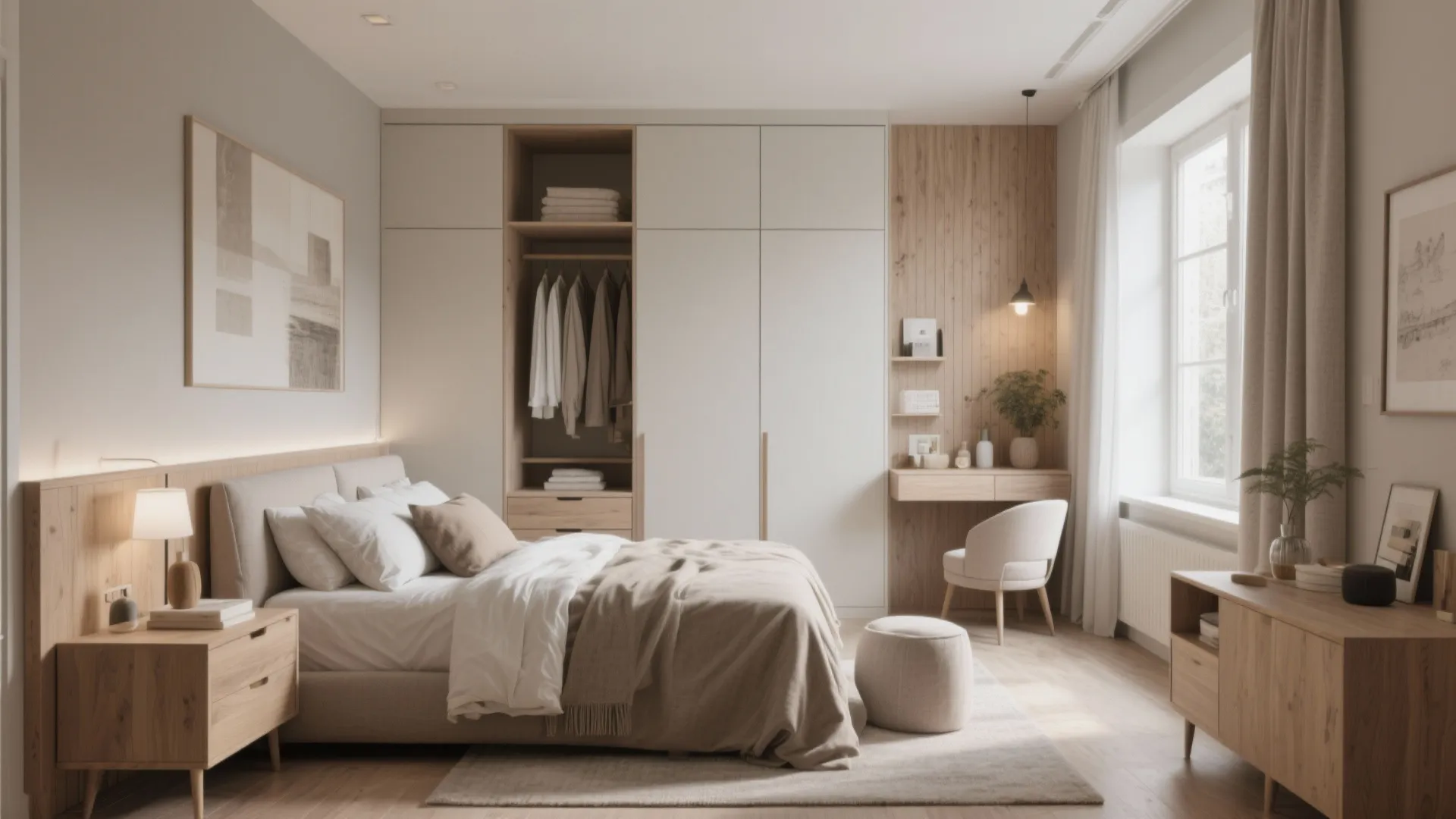 Modern minimal bedroom with beige bed white wardrobe wooden desk chair light fixture and natural windows