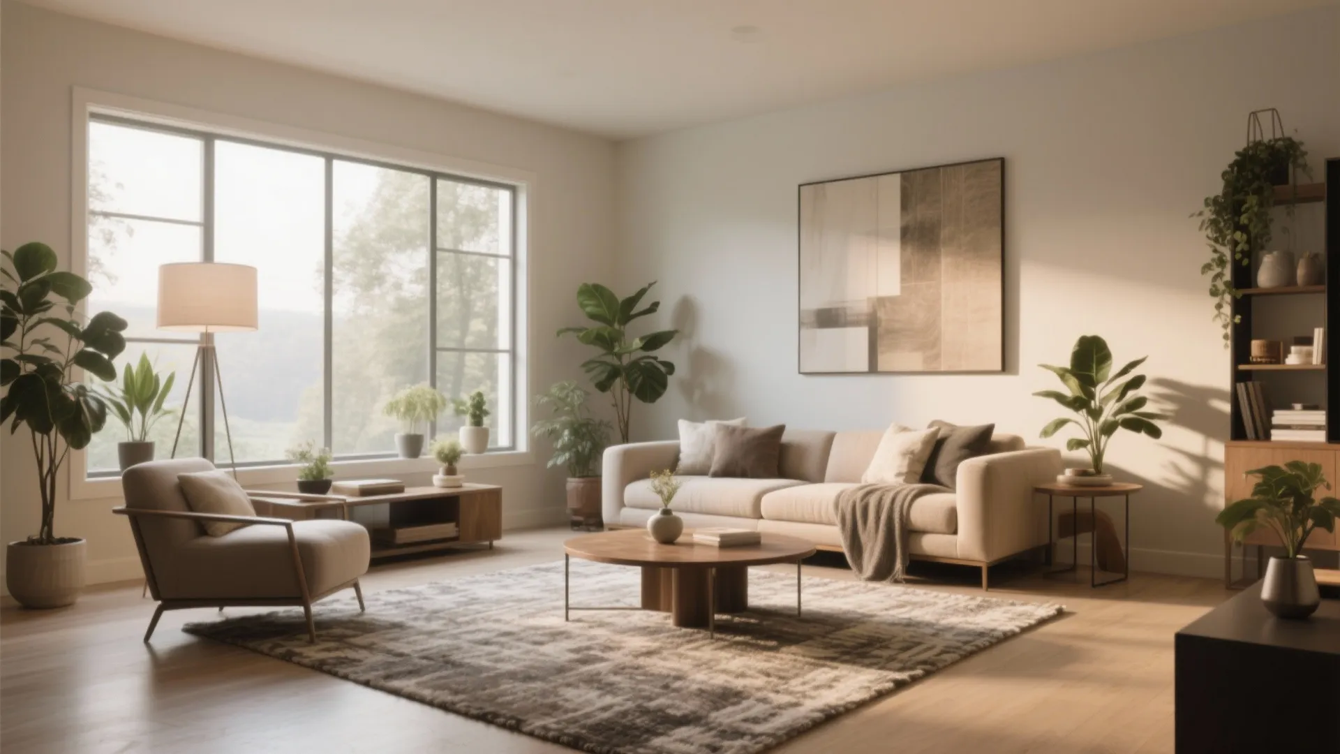 Modern bright living room with cream sofa round wood coffee table grey rug and green plants