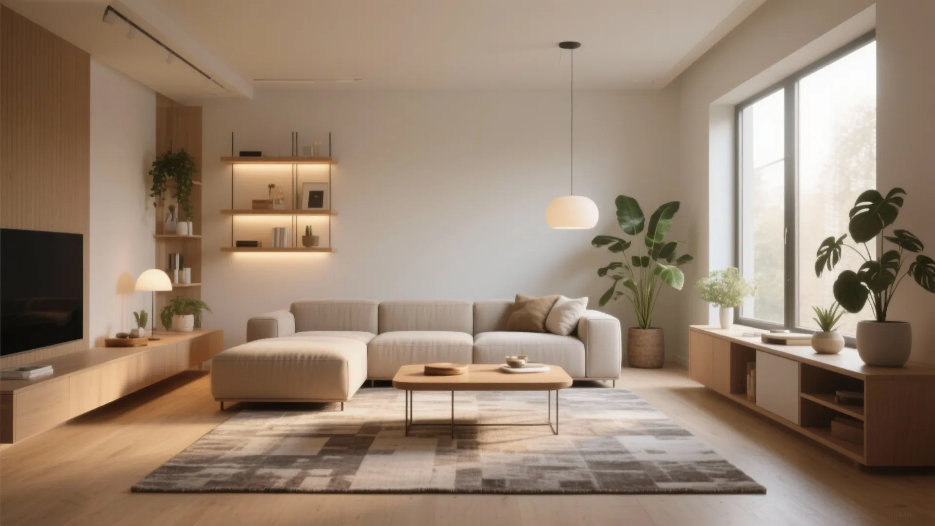 Minimalist living room with beige sofa wooden shelving tv stand green plants and natural window light
