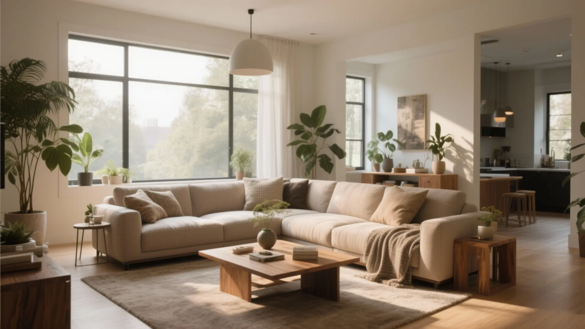 Spacious living room featuring large sectional sofa wooden coffee table white ceiling light and plants