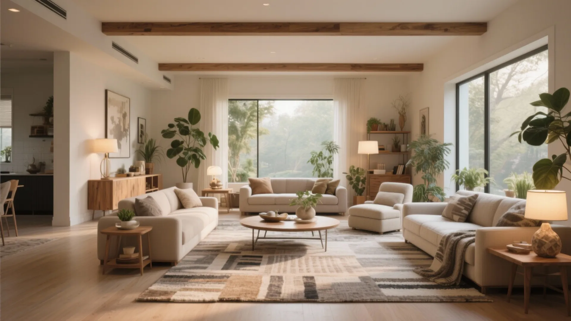 Bright living room featuring cream sofas wooden ceiling beams large windows and many green plants