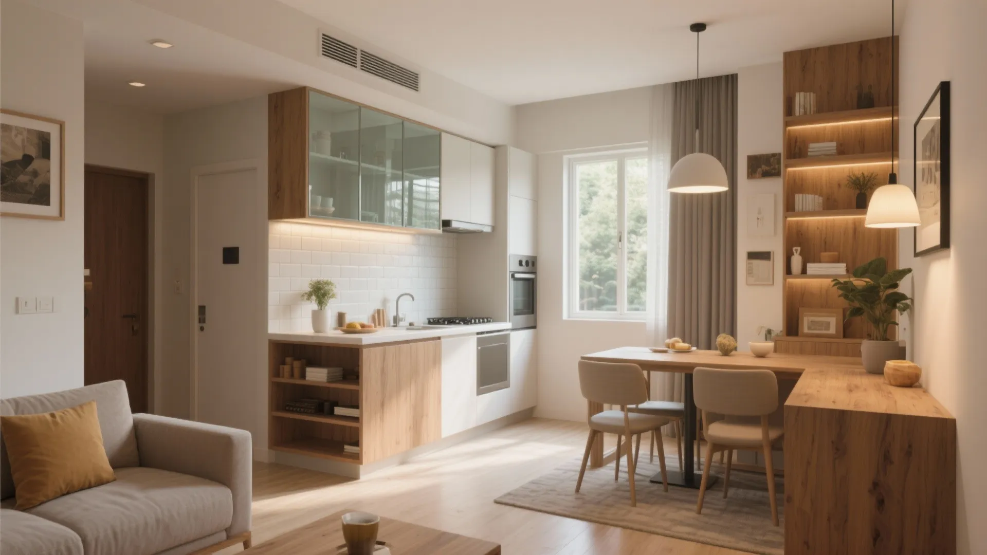 Open plan studio apartment combining small kitchen dining area and living room with wood furniture