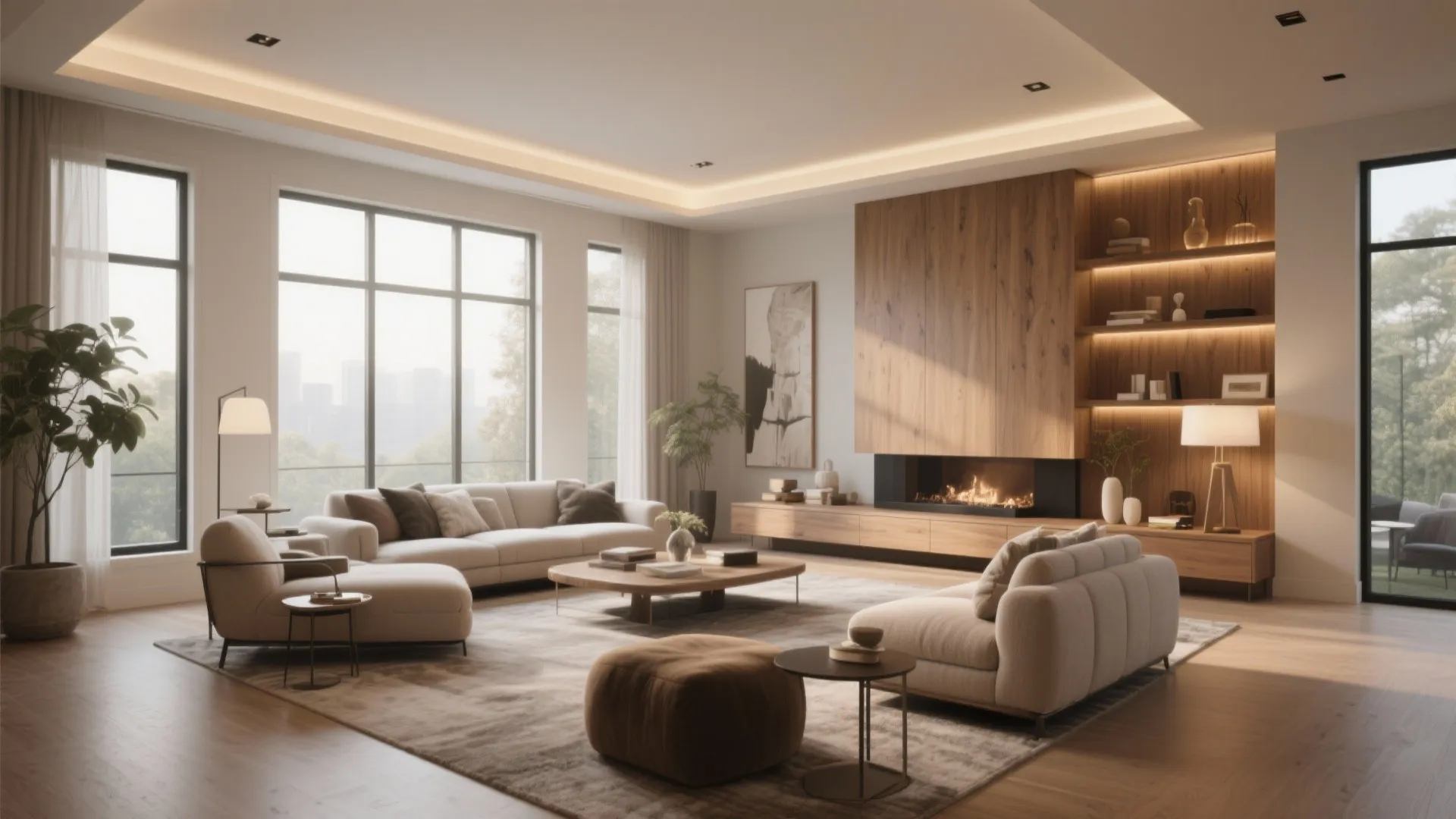 Modern warm living room with beige sofas wooden wall panel fireplace large windows and ceiling lights