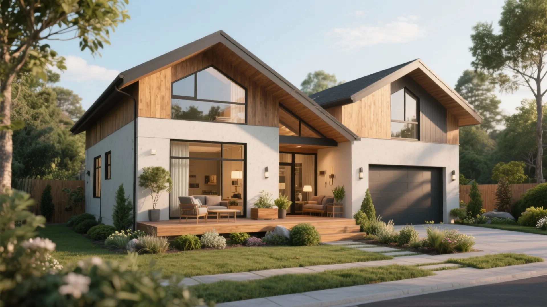 Modern two-story house exterior with white walls wooden panels glass windows and a front garden