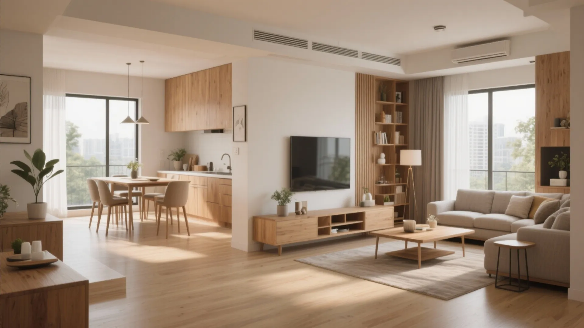 Bright interior design drawing showing a combined kitchen and living area with warm wood floors