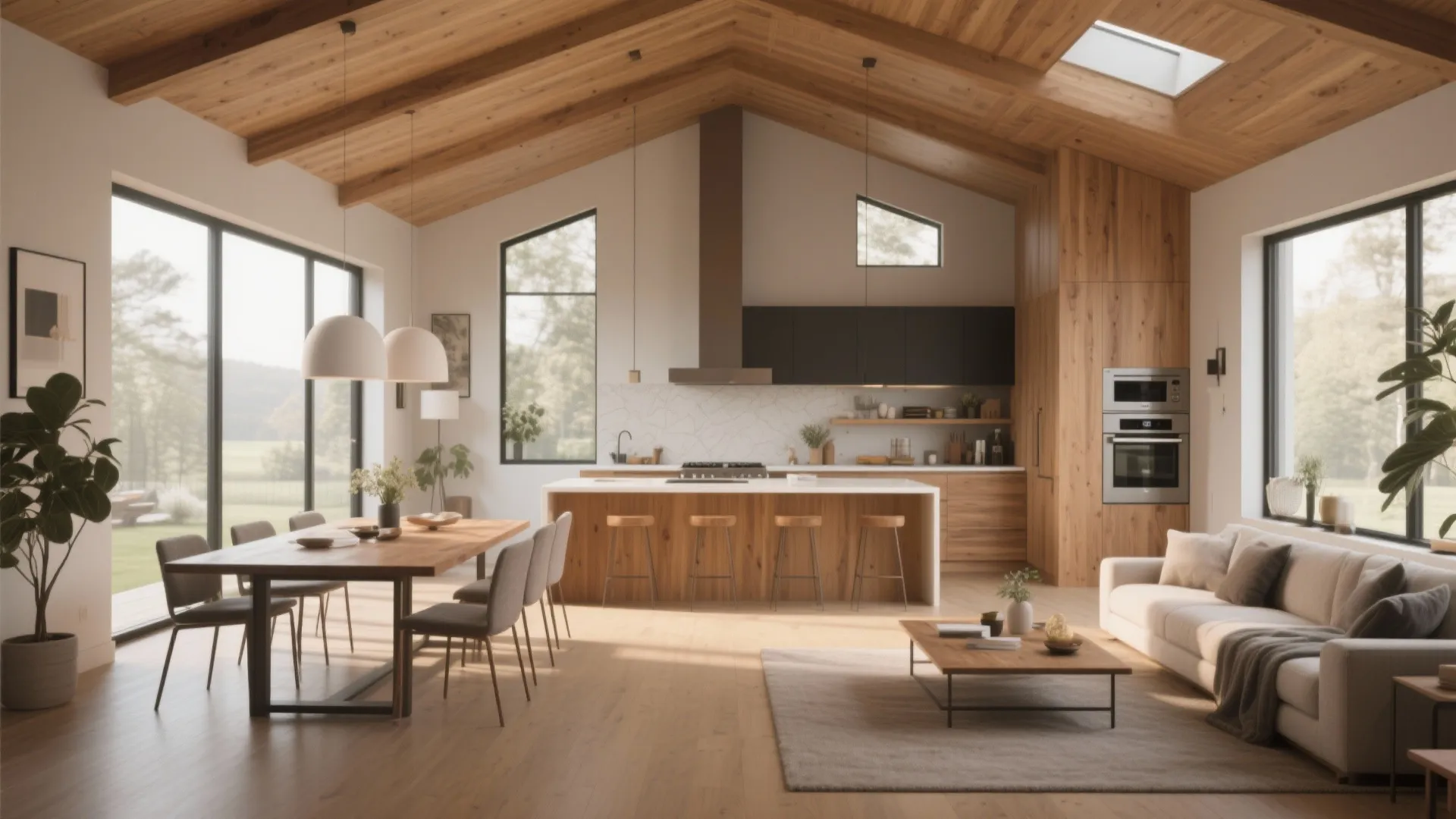 Modern open plan living room with wood ceiling kitchen island dining table and grey chairs