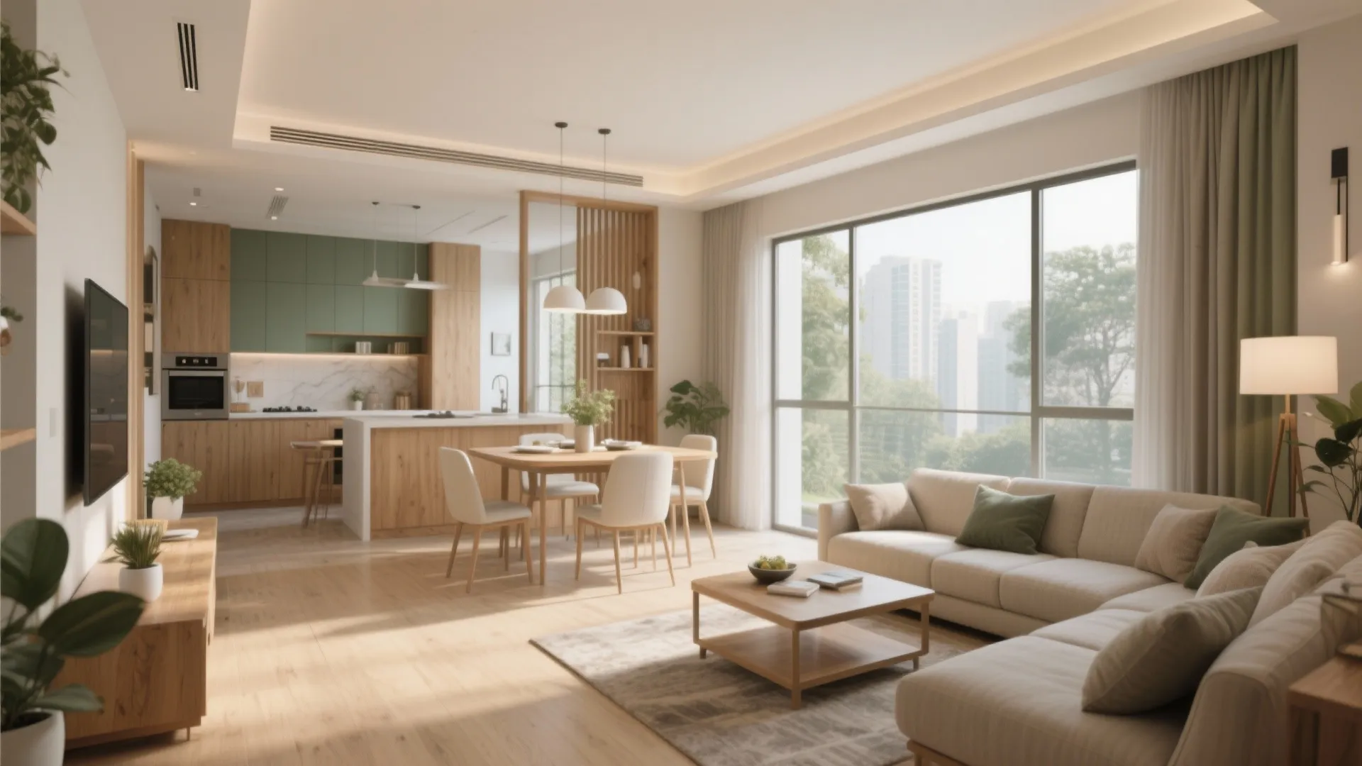 Open plan living area with wood floors dining table green kitchen cabinets and large bright windows