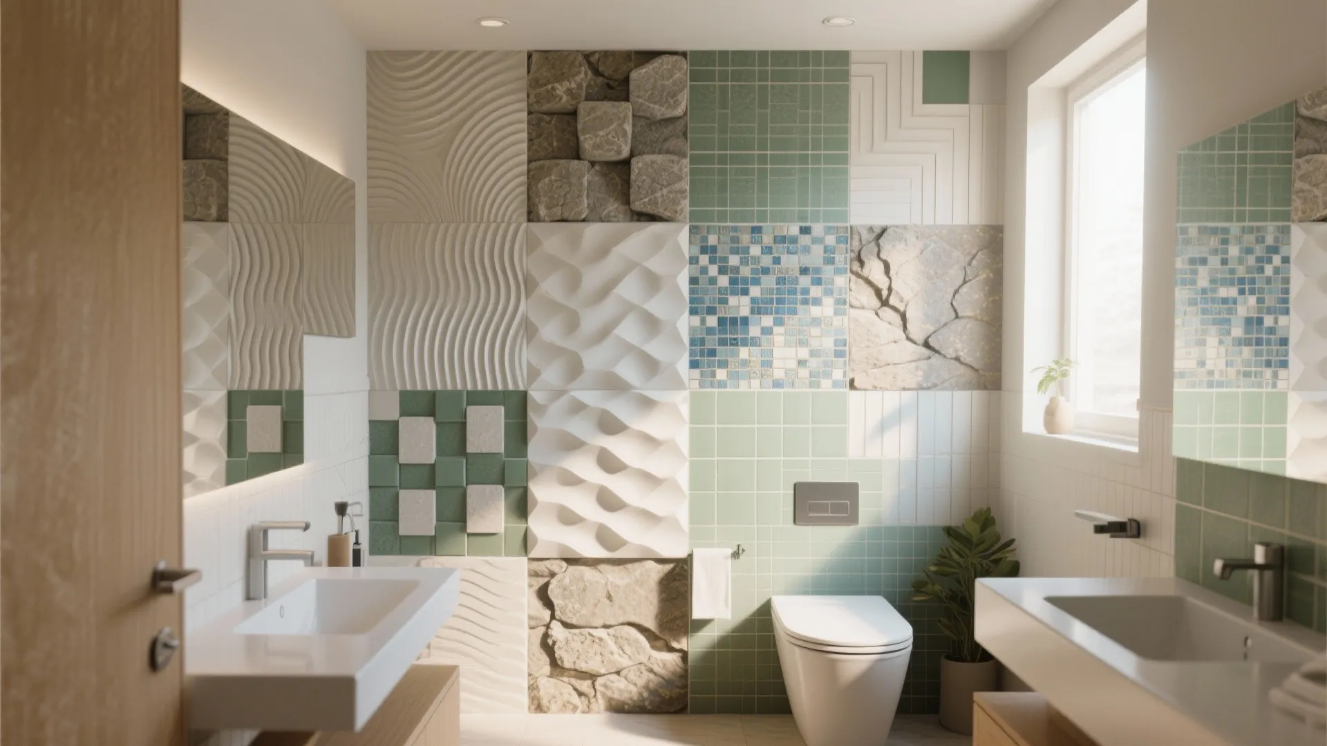 Bright bathroom showing various decorative wall tile patterns, white sink, toilet, and a small plant
