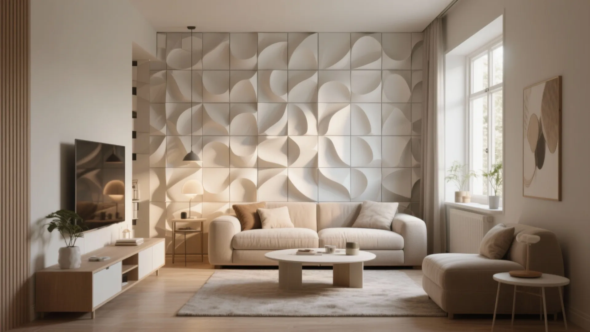 Minimalist living room with textured 3D wall panels beige sofa wooden cabinet and round table